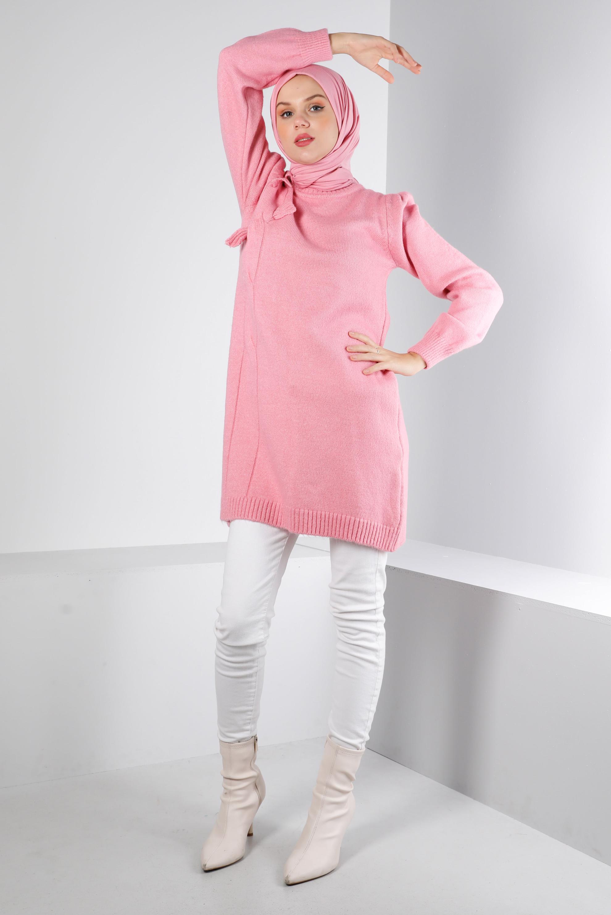 Tesettür giyim PUDRA ÖRGÜ DESENLİ TRİKO TUNİK 43186 