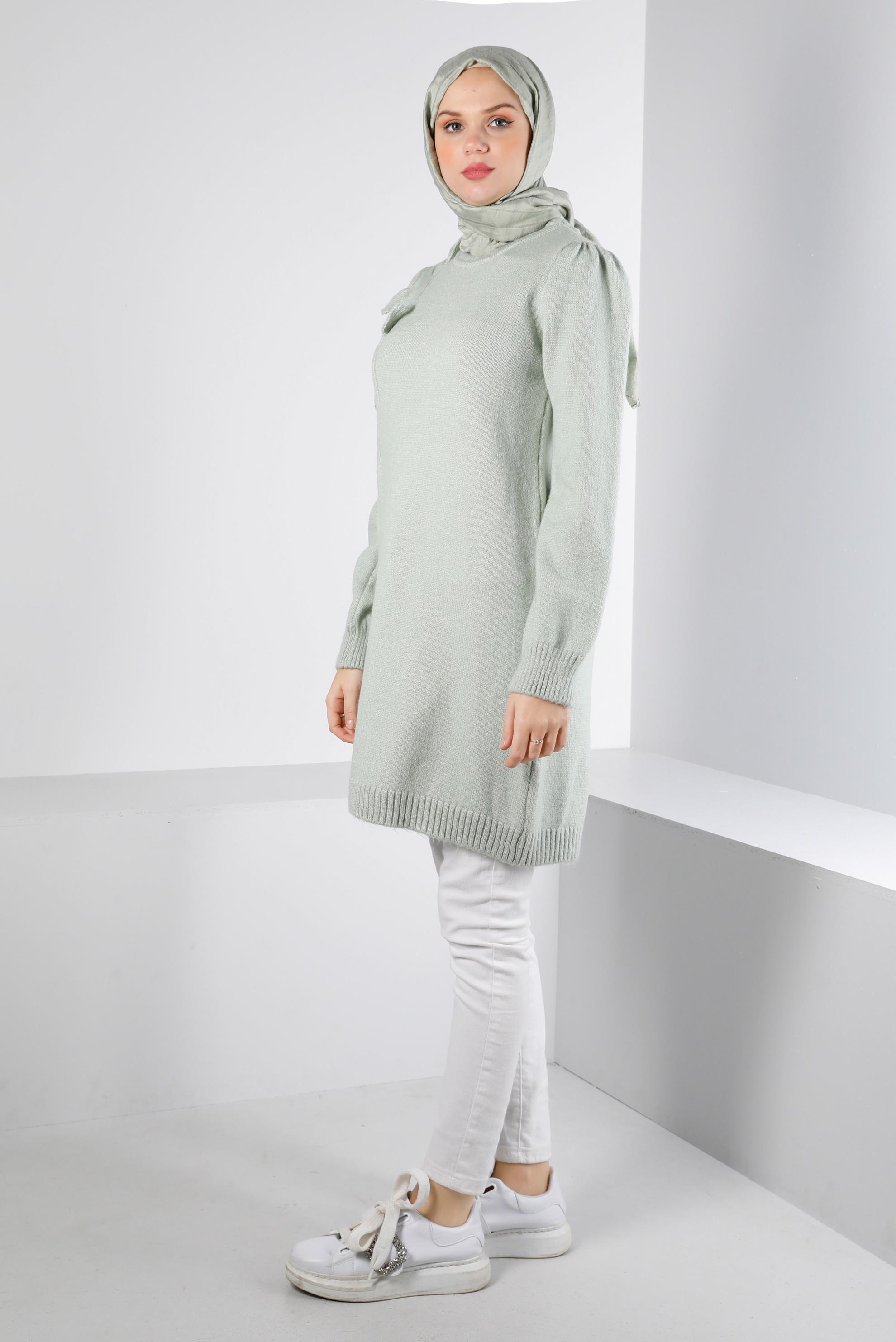 Tesettür giyim YEŞİL ÖRGÜ DESENLİ TRİKO TUNİK 43186 