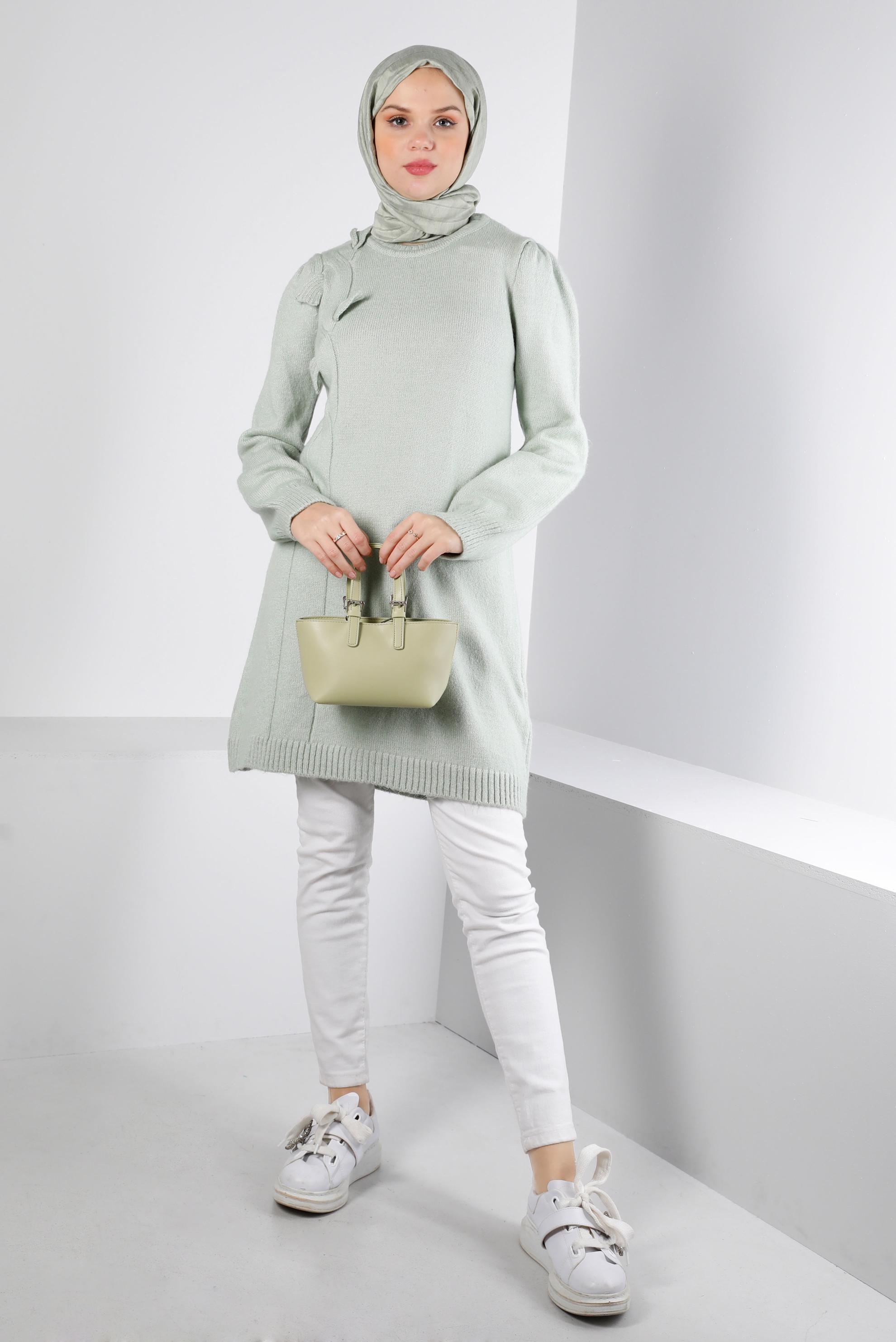 Tesettür giyim YEŞİL ÖRGÜ DESENLİ TRİKO TUNİK 43186 