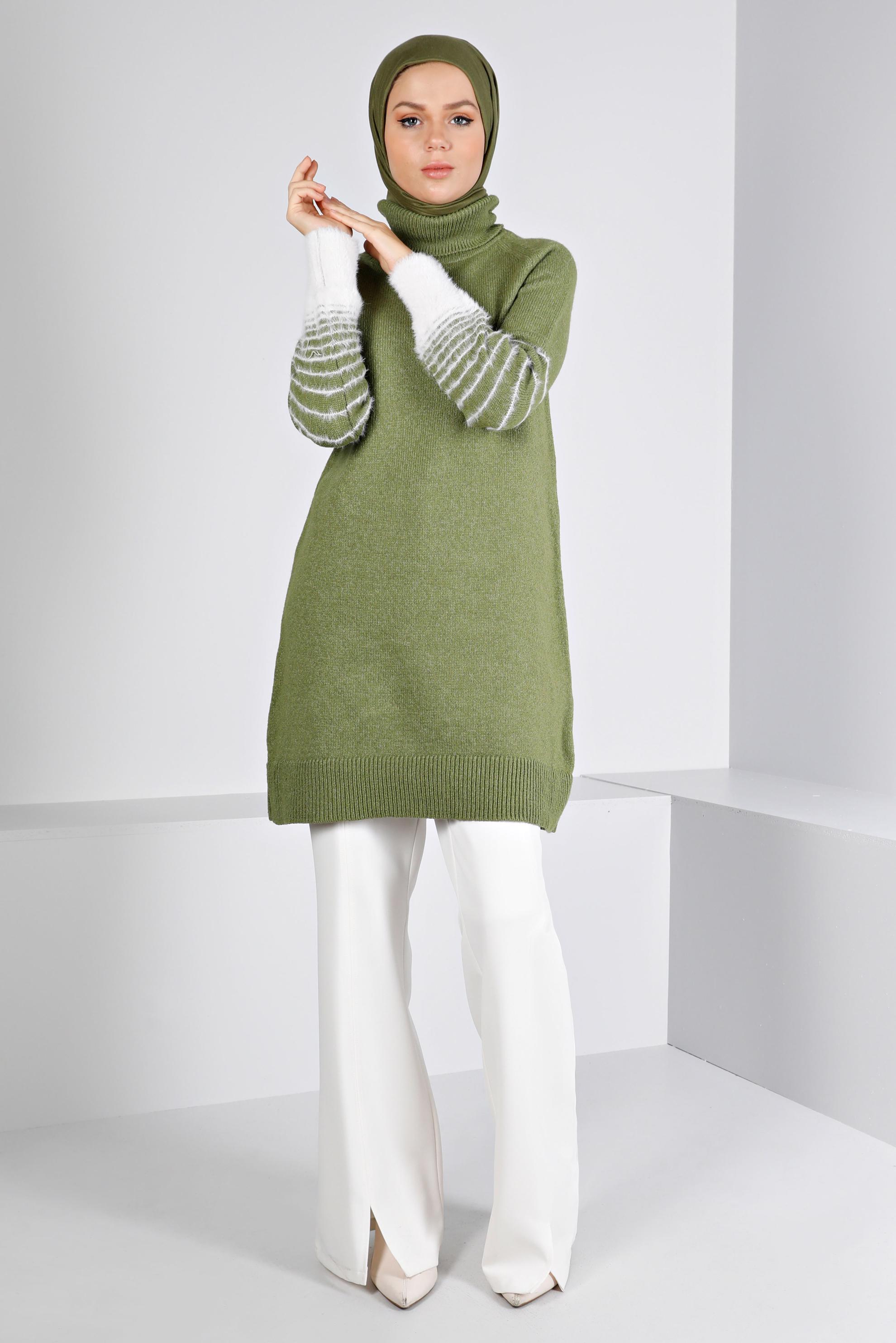 Tesettür giyim HAKİ MANŞETLERİ TÜYLÜ TRİKO TUNİK 43240