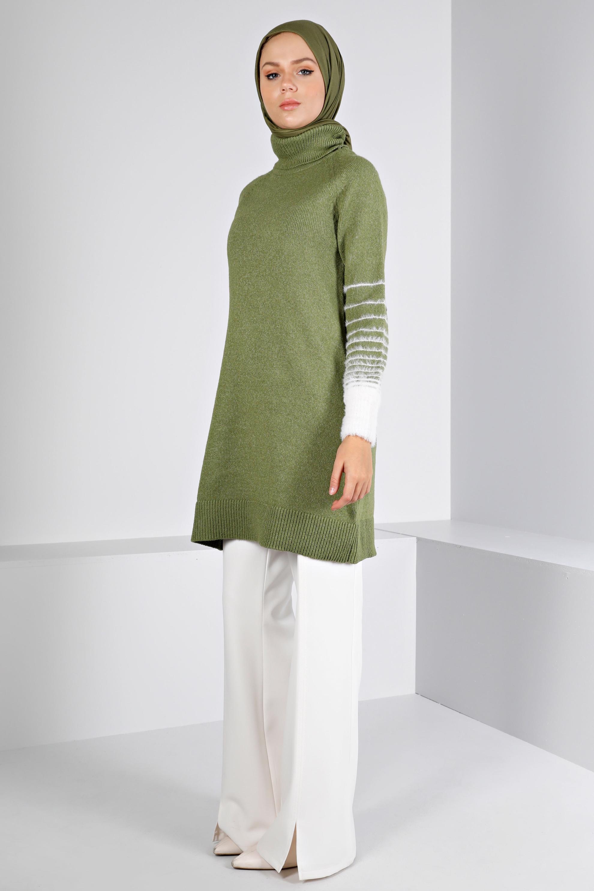 Tesettür giyim HAKİ MANŞETLERİ TÜYLÜ TRİKO TUNİK 43240