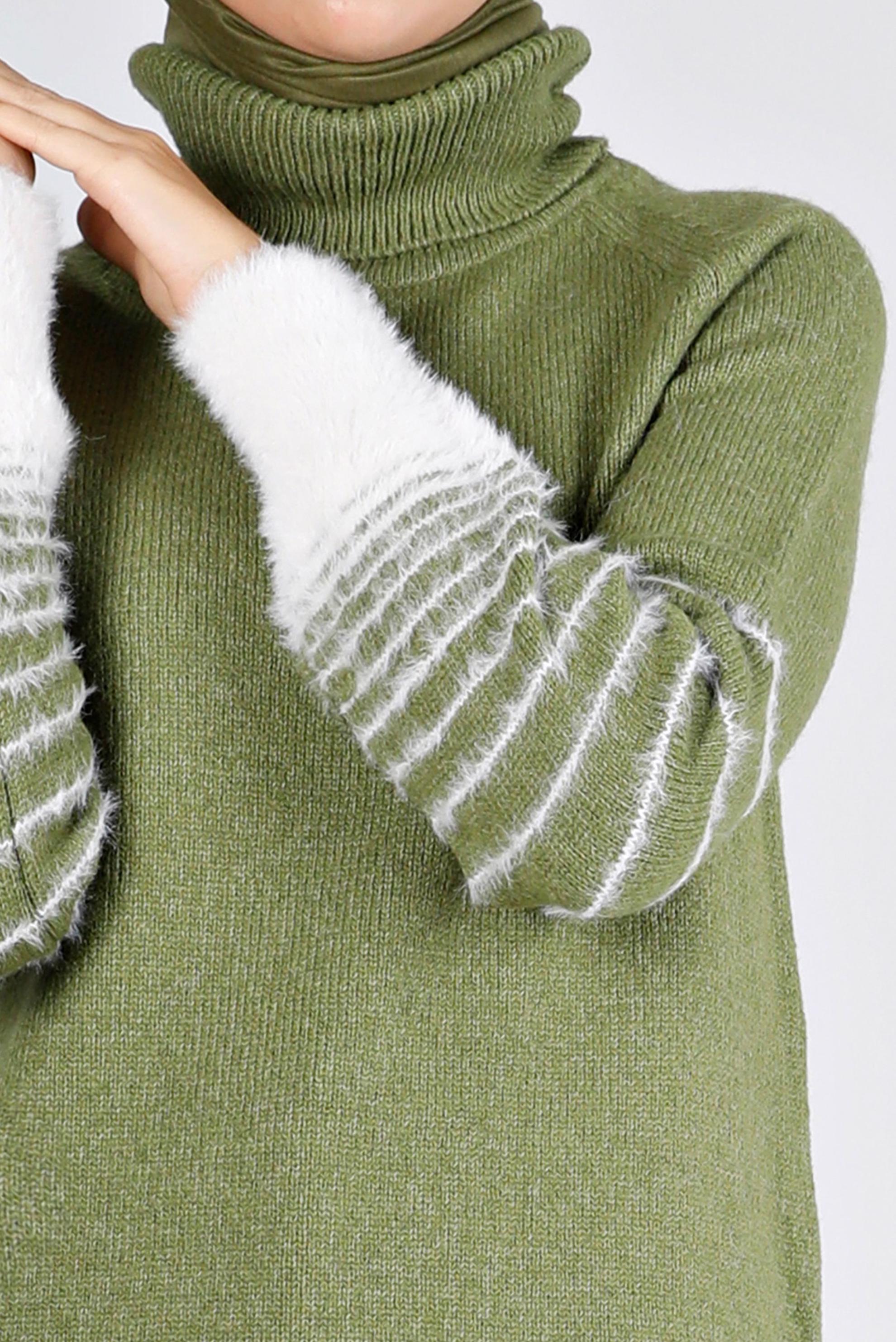 Tesettür giyim HAKİ MANŞETLERİ TÜYLÜ TRİKO TUNİK 43240