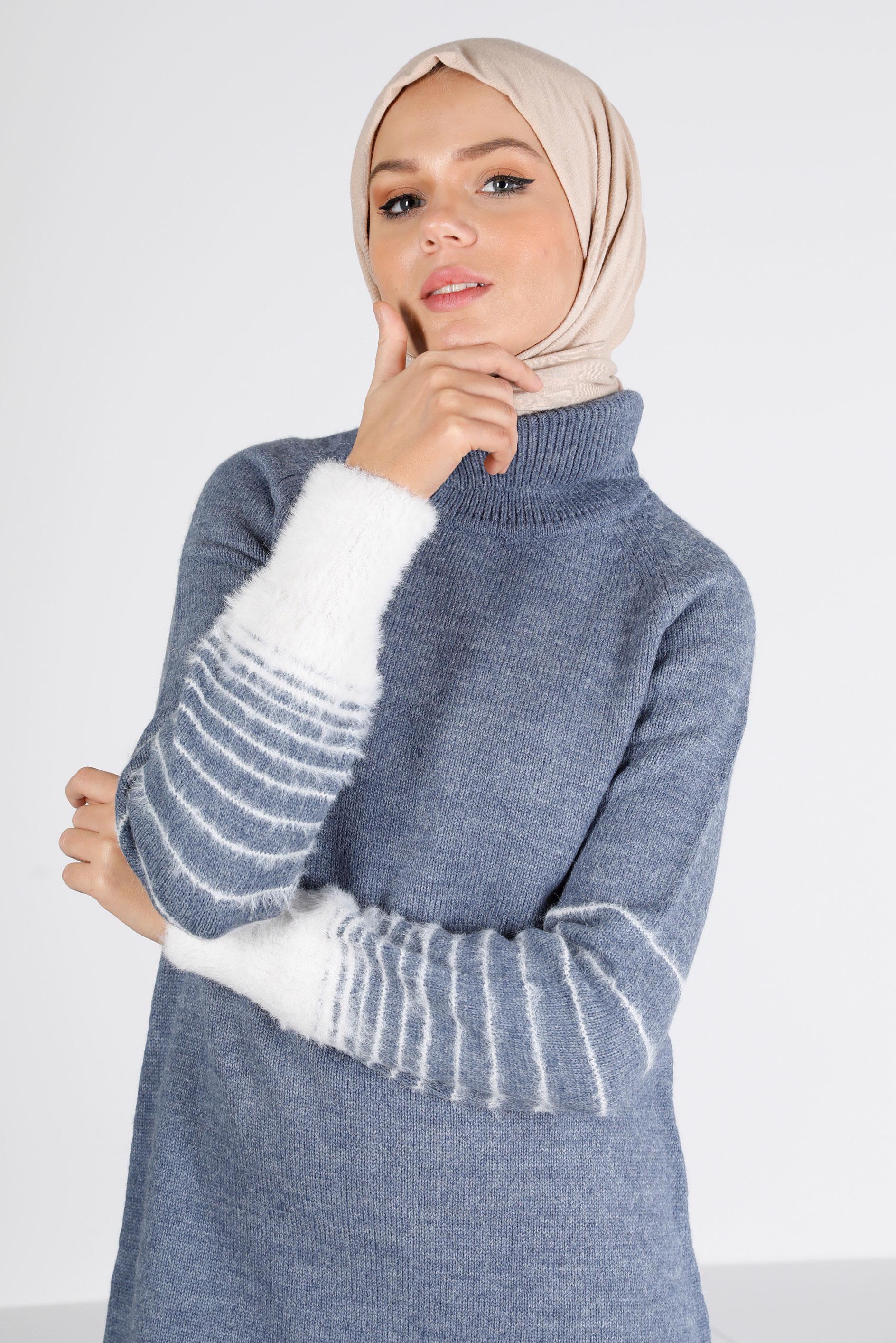 Tesettür giyim LACİVERT MANŞETLERİ TÜYLÜ TRİKO TUNİK 43240