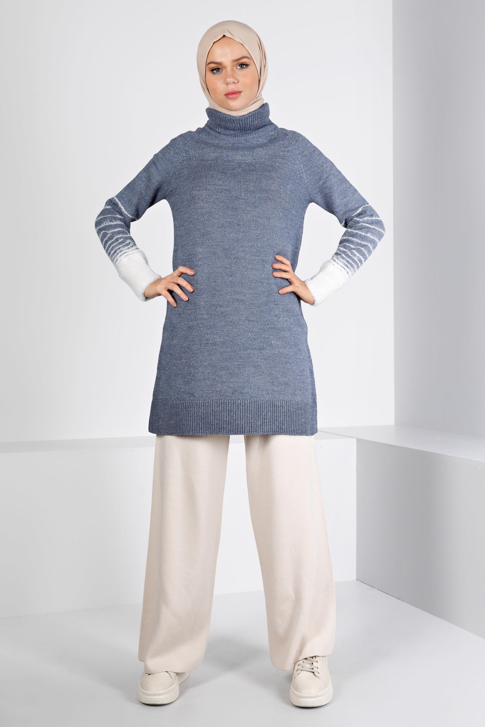 Tesettür giyim LACİVERT MANŞETLERİ TÜYLÜ TRİKO TUNİK 43240