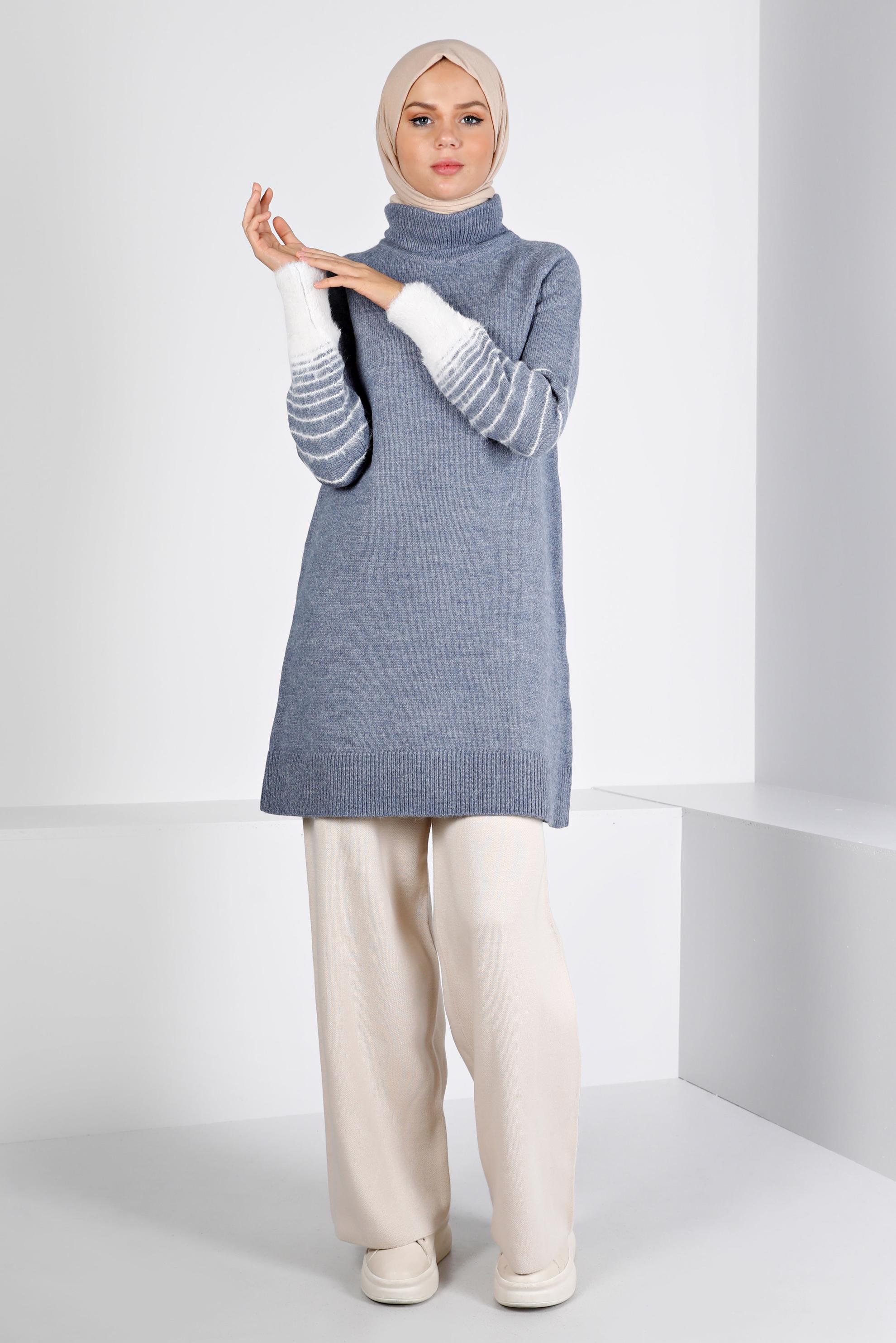 Tesettür giyim LACİVERT MANŞETLERİ TÜYLÜ TRİKO TUNİK 43240