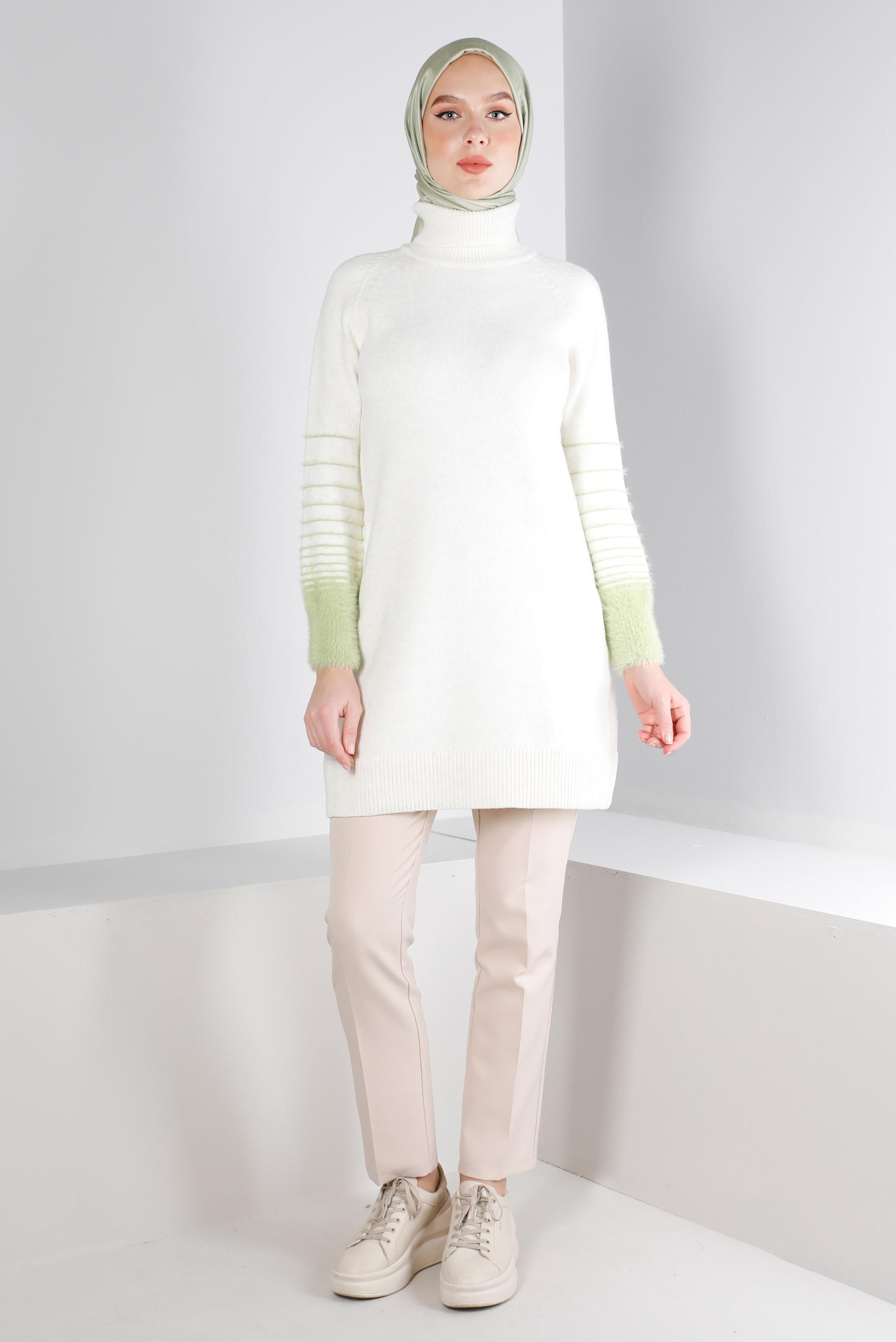 Tesettür giyim BEJ MANŞETLERİ TÜYLÜ TRİKO TUNİK 43240