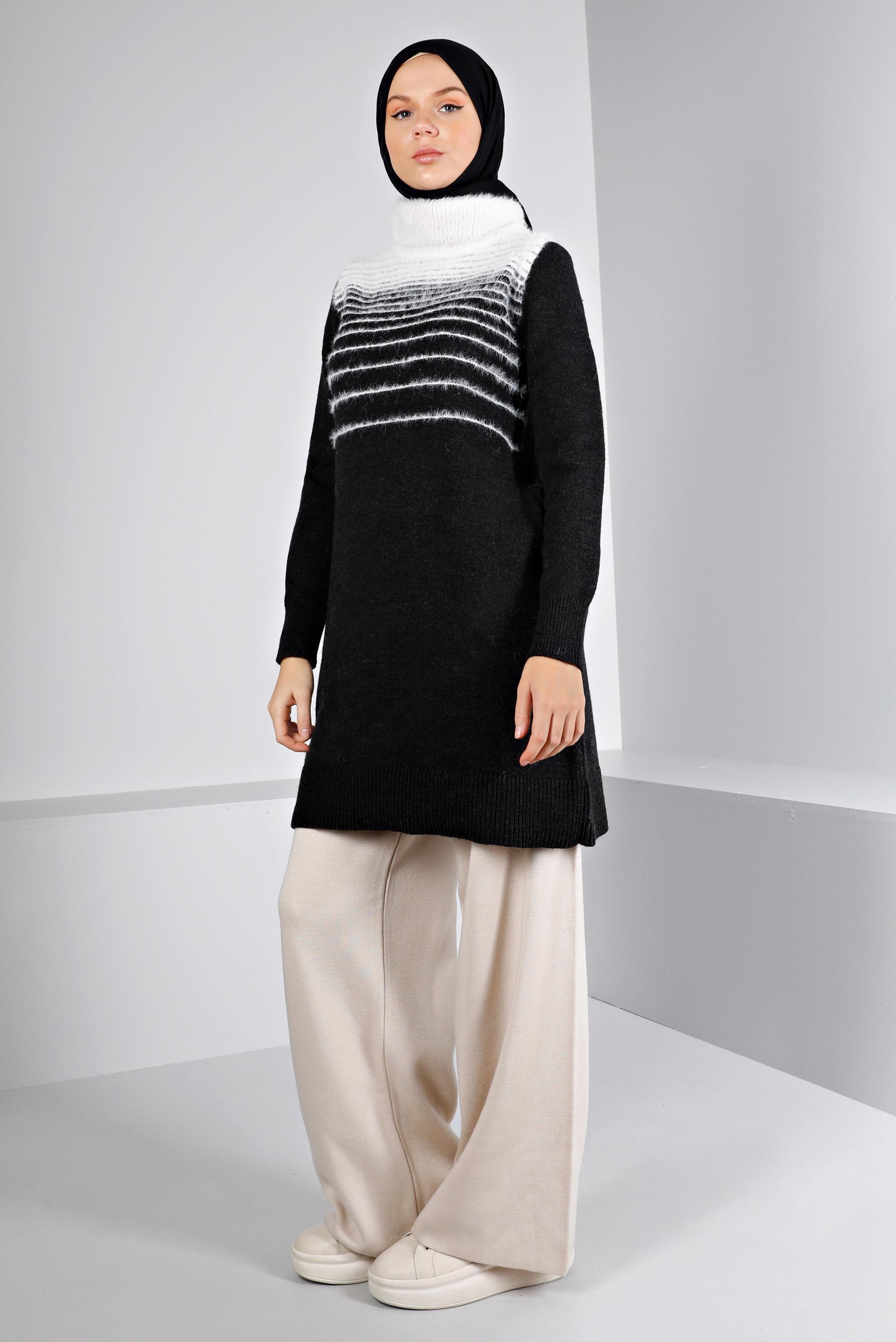 Tesettür giyim SİYAH TÜYLÜ BOĞAZLI TRİKO TUNİK 43241