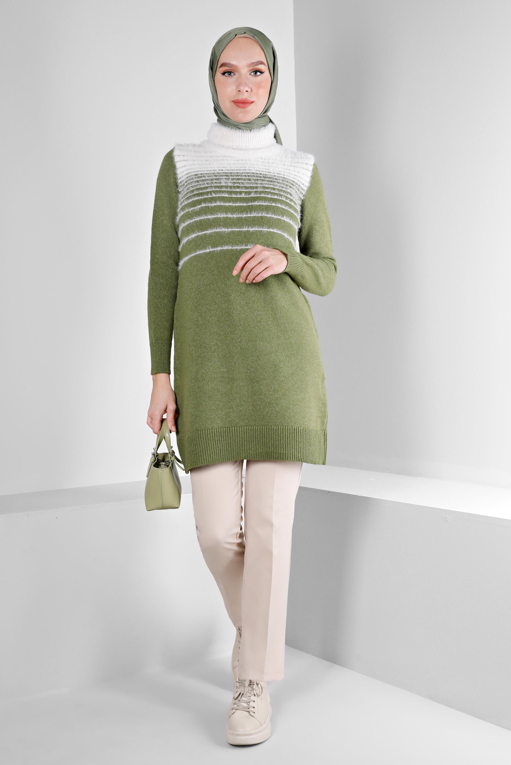 Tesettür giyim HAKİ TÜYLÜ BOĞAZLI TRİKO TUNİK 43241