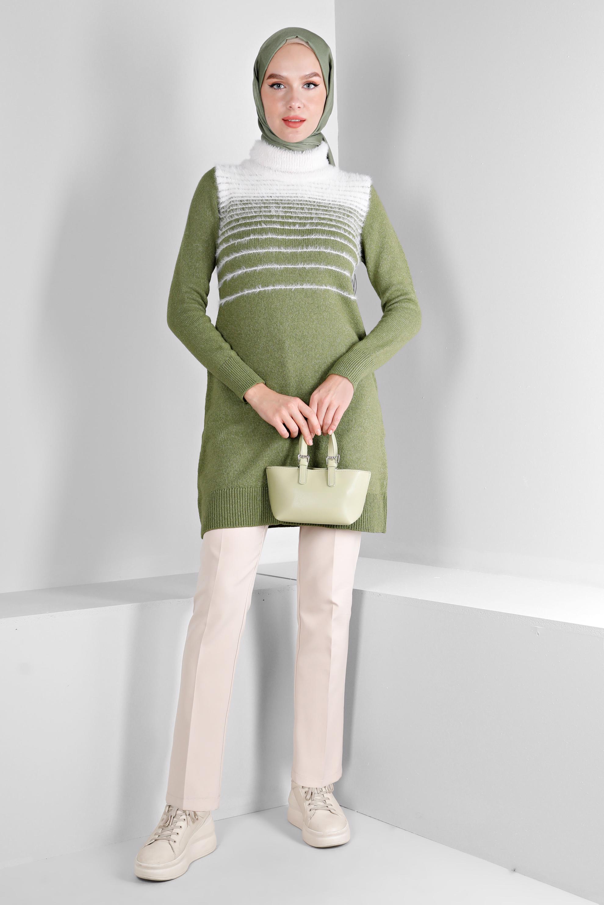 Tesettür giyim HAKİ TÜYLÜ BOĞAZLI TRİKO TUNİK 43241