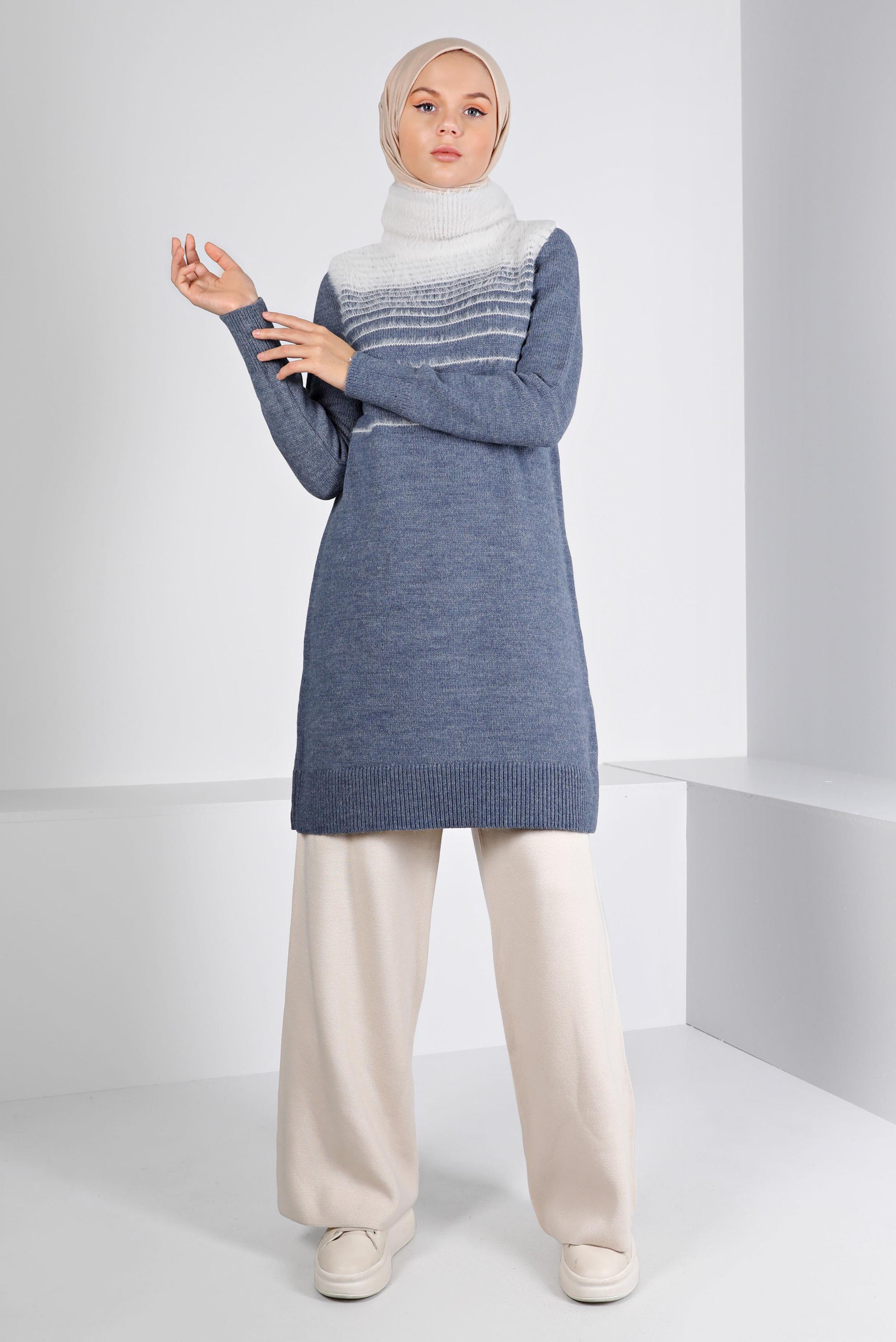 Tesettür giyim LACİVERT TÜYLÜ BOĞAZLI TRİKO TUNİK 43241