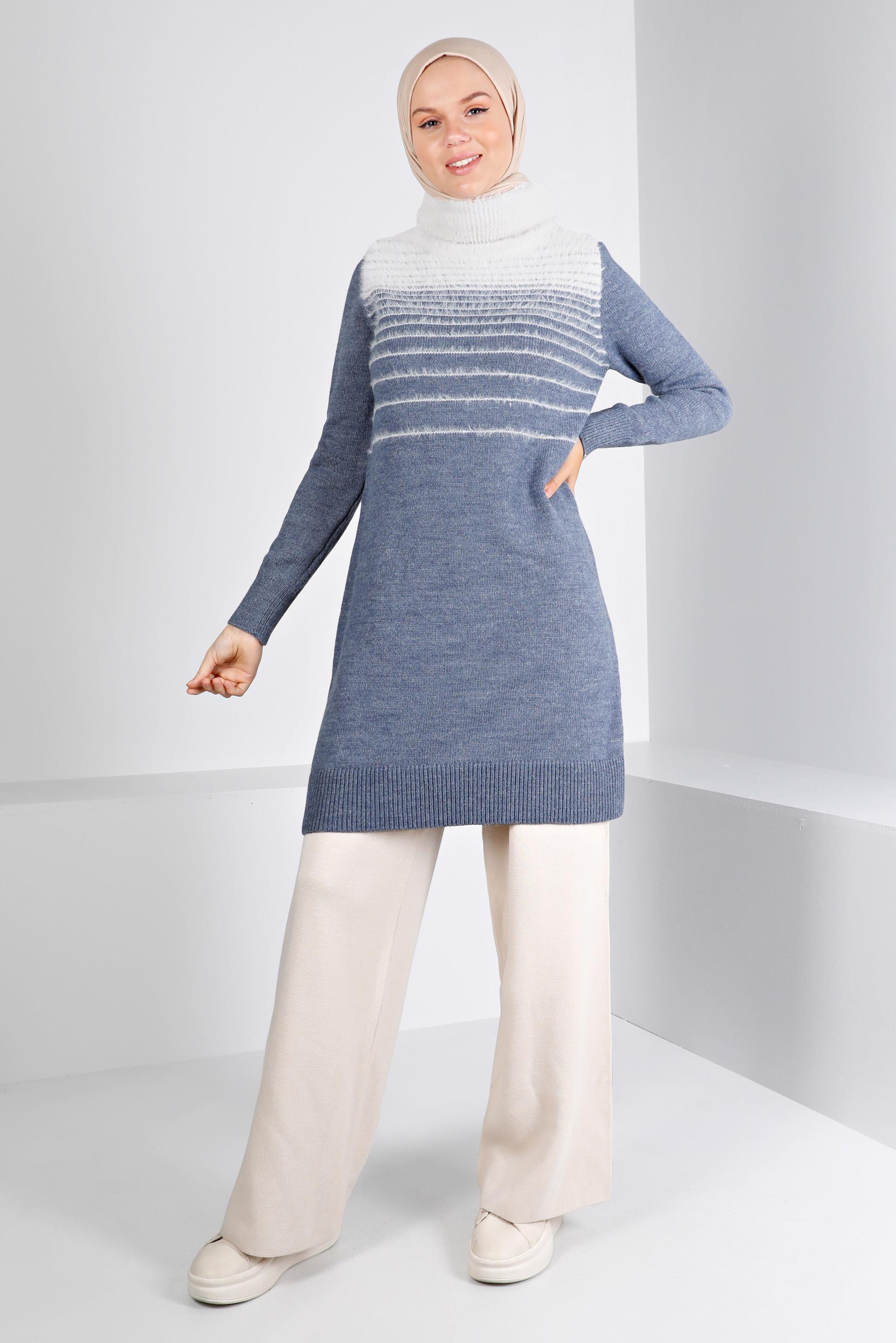 Tesettür giyim LACİVERT TÜYLÜ BOĞAZLI TRİKO TUNİK 43241