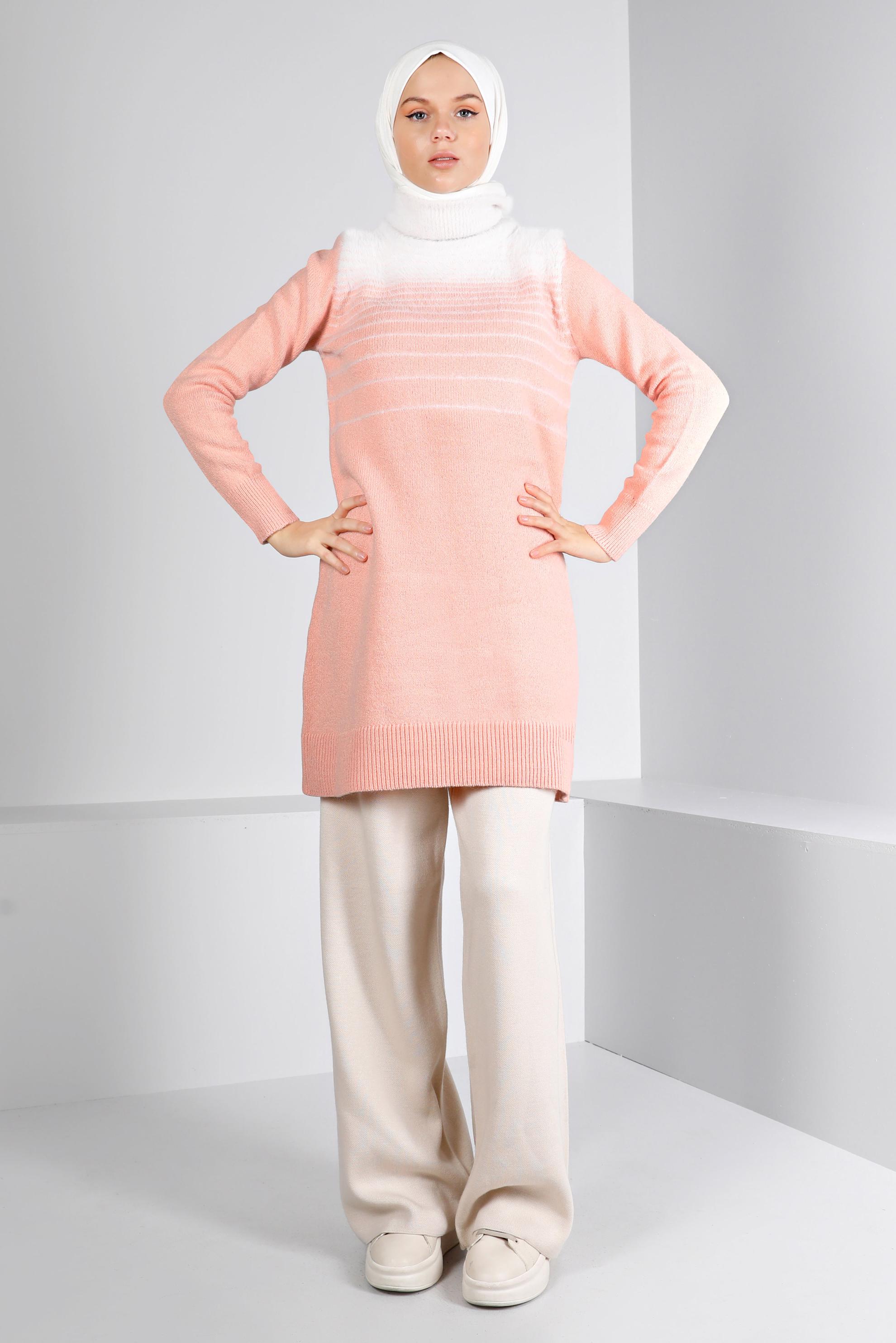 Tesettür giyim PUDRA TÜYLÜ BOĞAZLI TRİKO TUNİK 43241