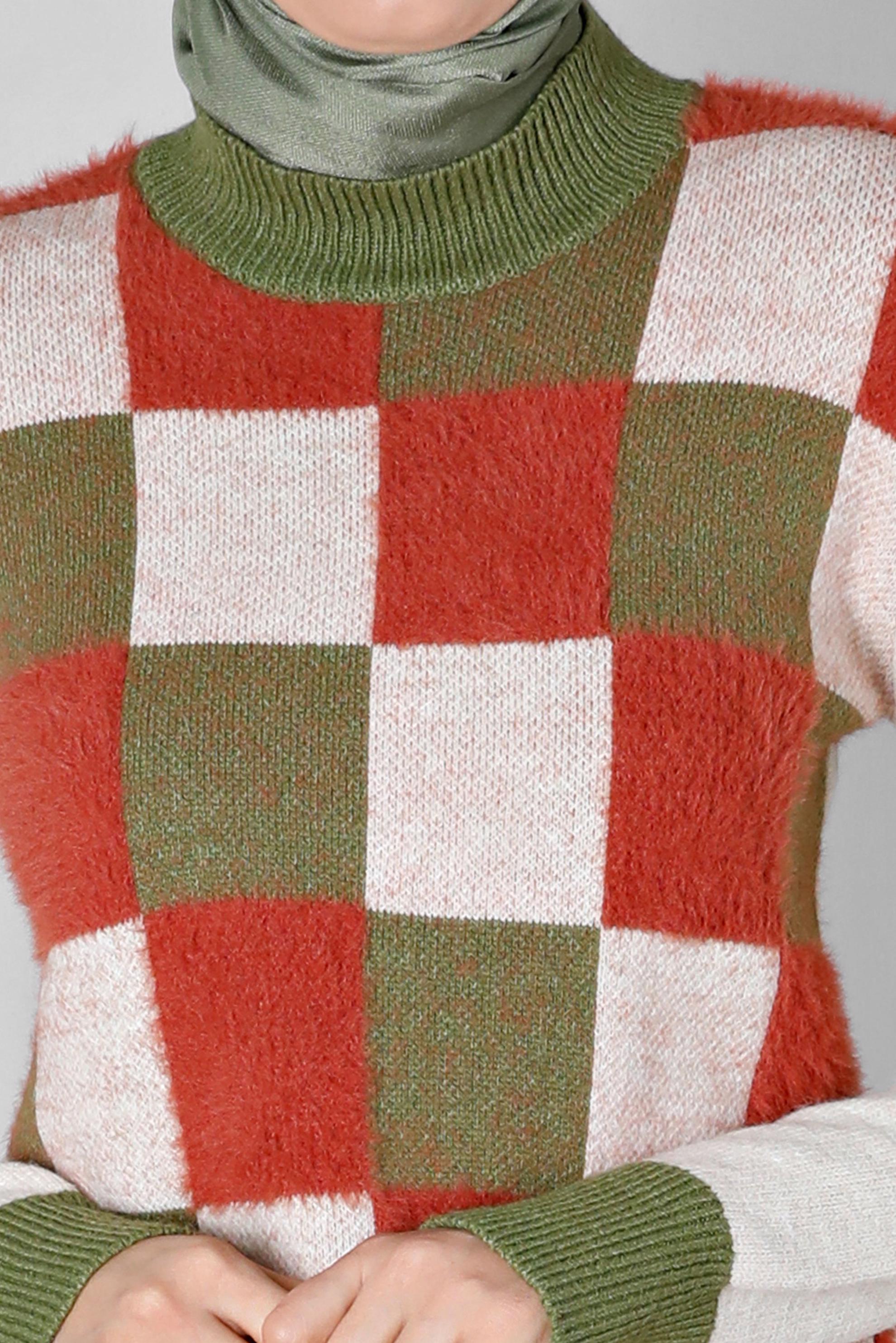 Tesettür giyim BEJ KARE DESENLİ RENKLİ TRİKO TUNİK 43243 