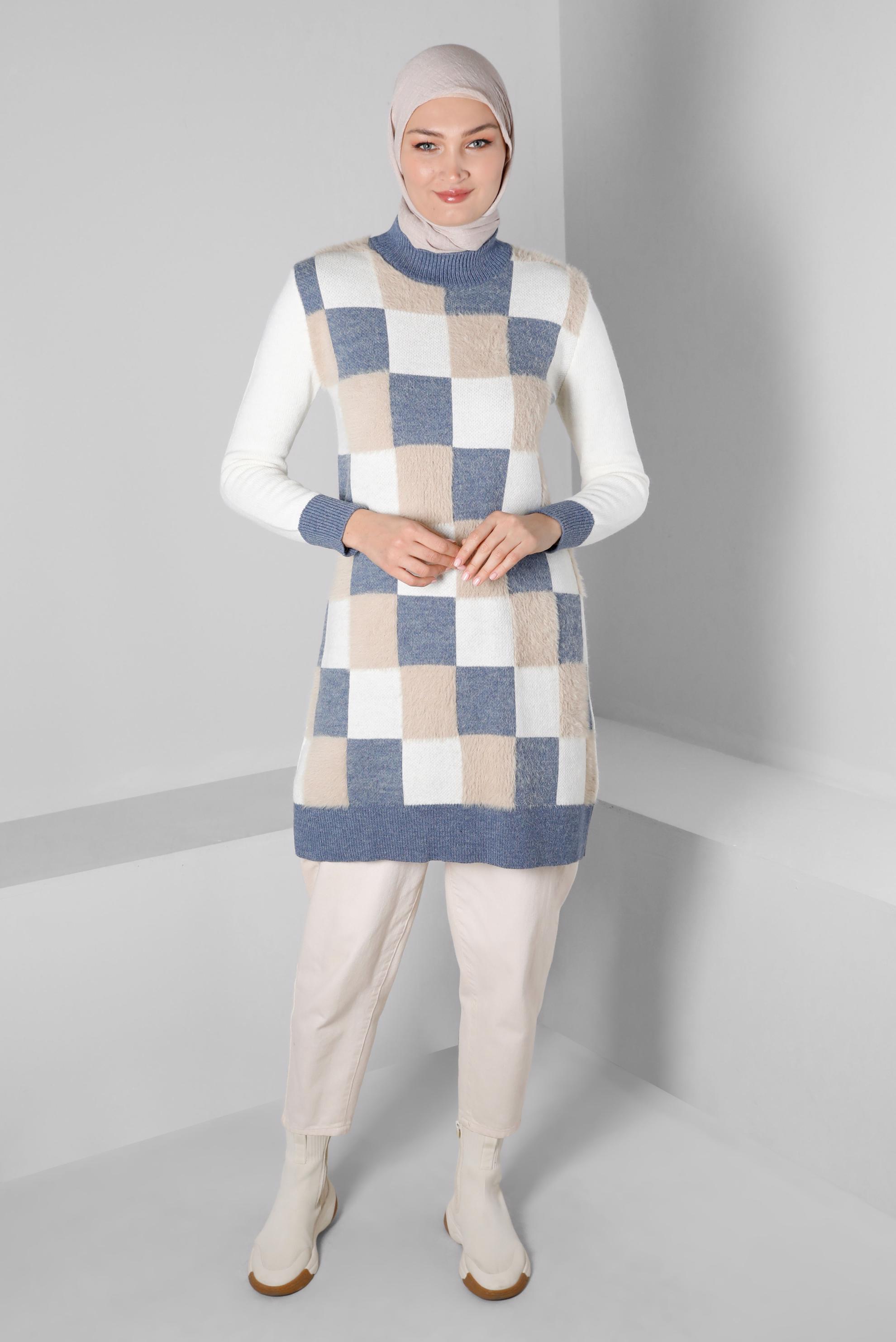 Tesettür giyim BEJ KARE DESENLİ RENKLİ TRİKO TUNİK 43243 