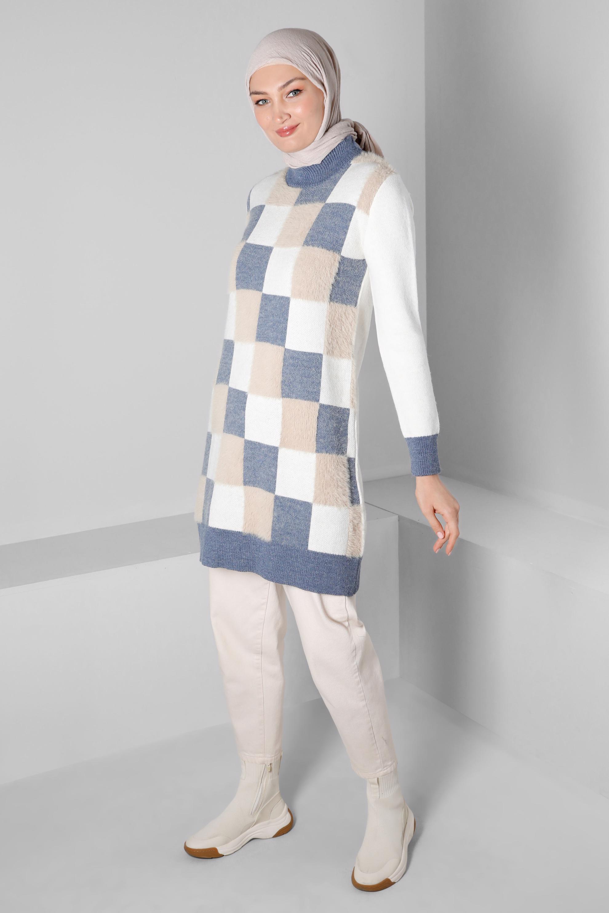 Tesettür giyim BEJ KARE DESENLİ RENKLİ TRİKO TUNİK 43243 