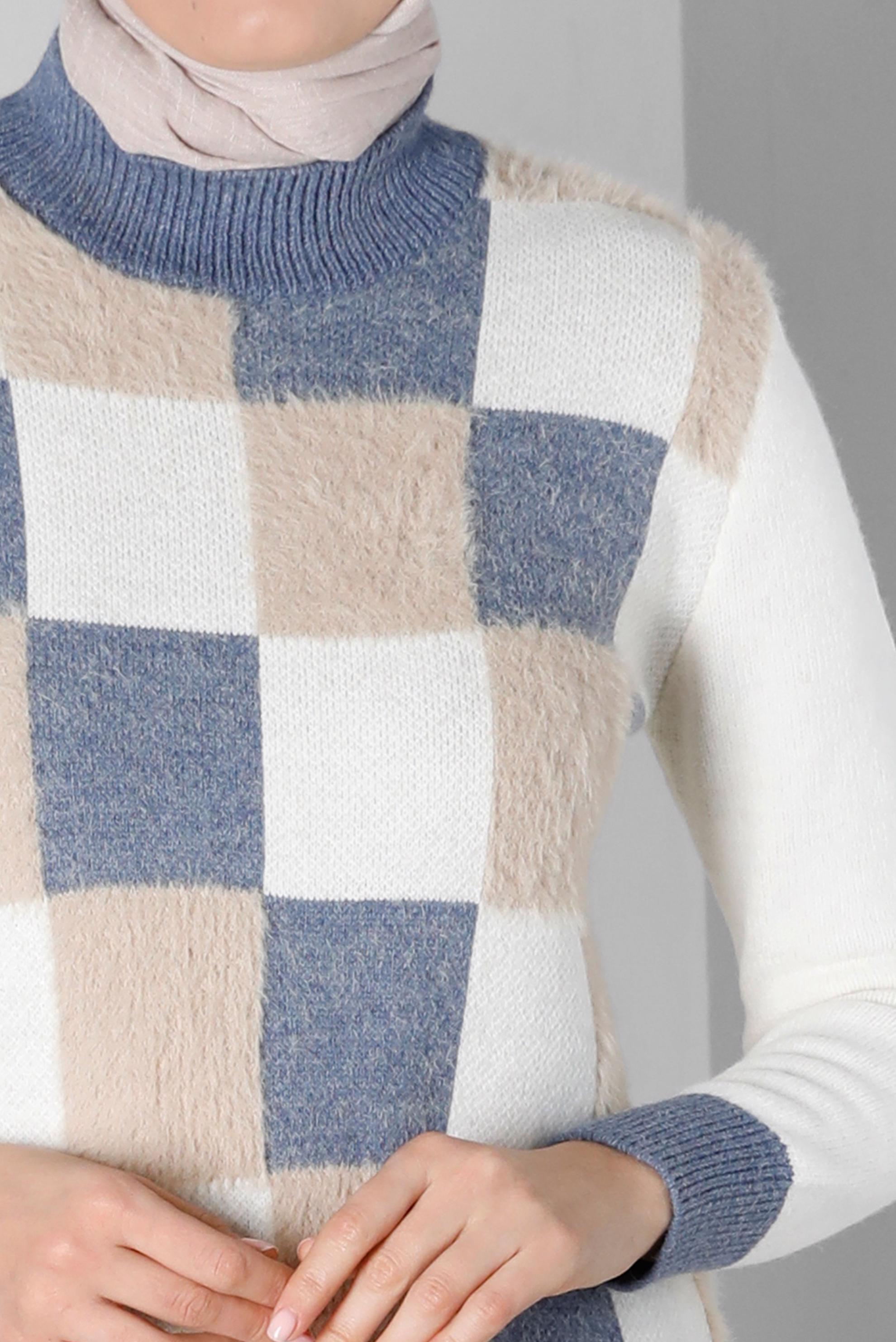 Tesettür giyim BEJ KARE DESENLİ RENKLİ TRİKO TUNİK 43243 