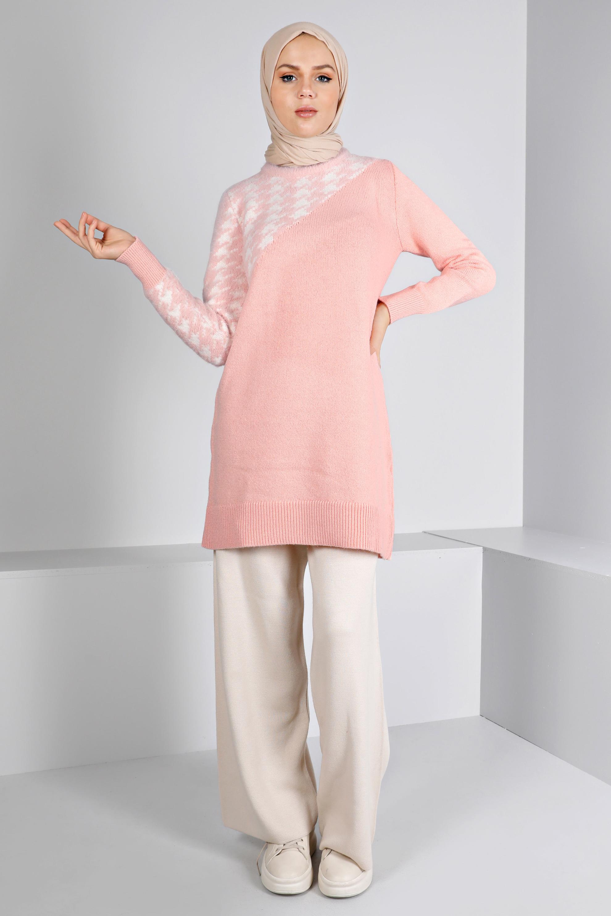 Tesettür giyim PUDRA KAZAYAĞI DESEN DETAYLI TRİKO TUNİK 43244 
