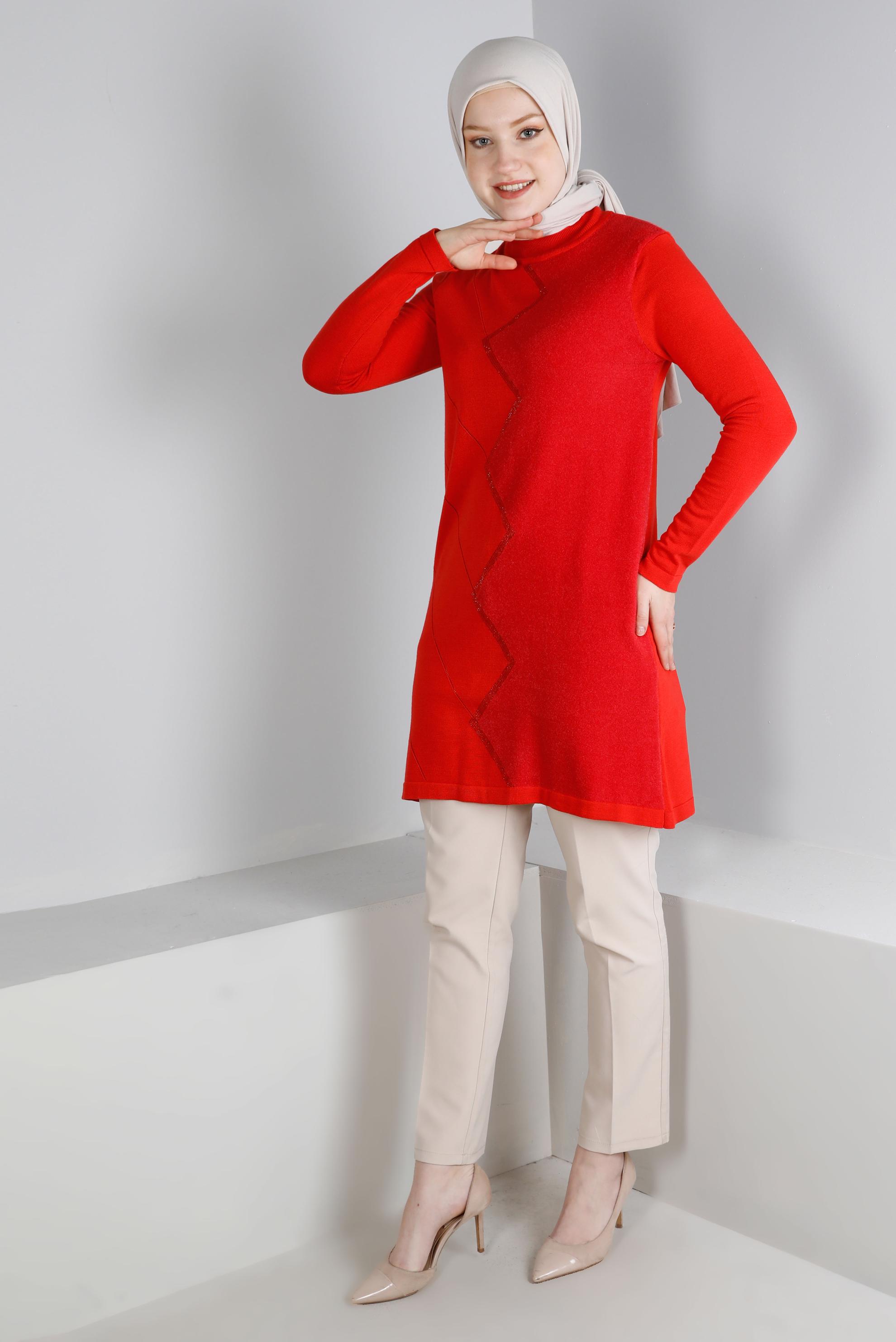 Tesettür giyim KIRMIZI DESENLİ AKRİLİK TRİKO TUNİK 43246