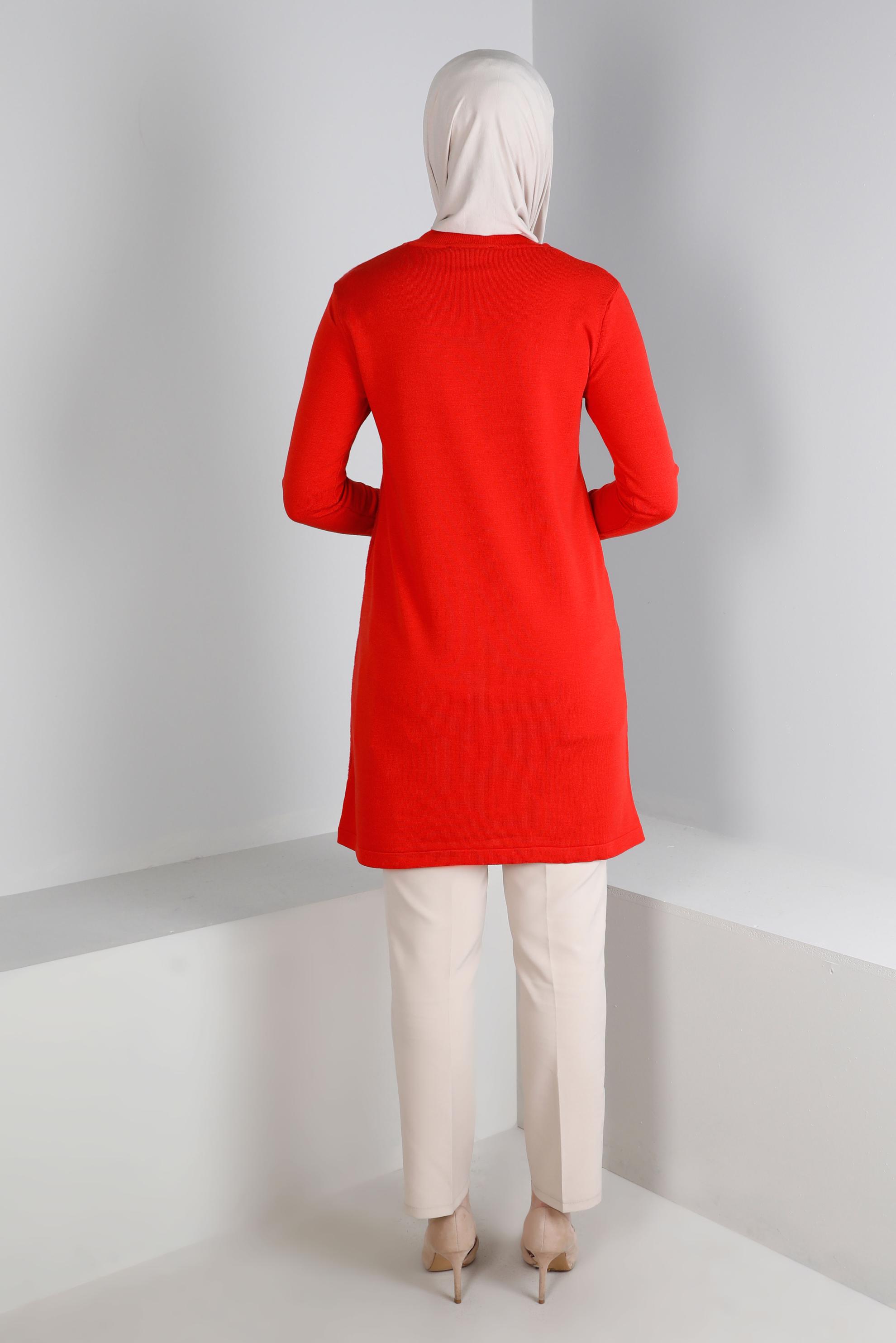 Tesettür giyim KIRMIZI DESENLİ AKRİLİK TRİKO TUNİK 43246