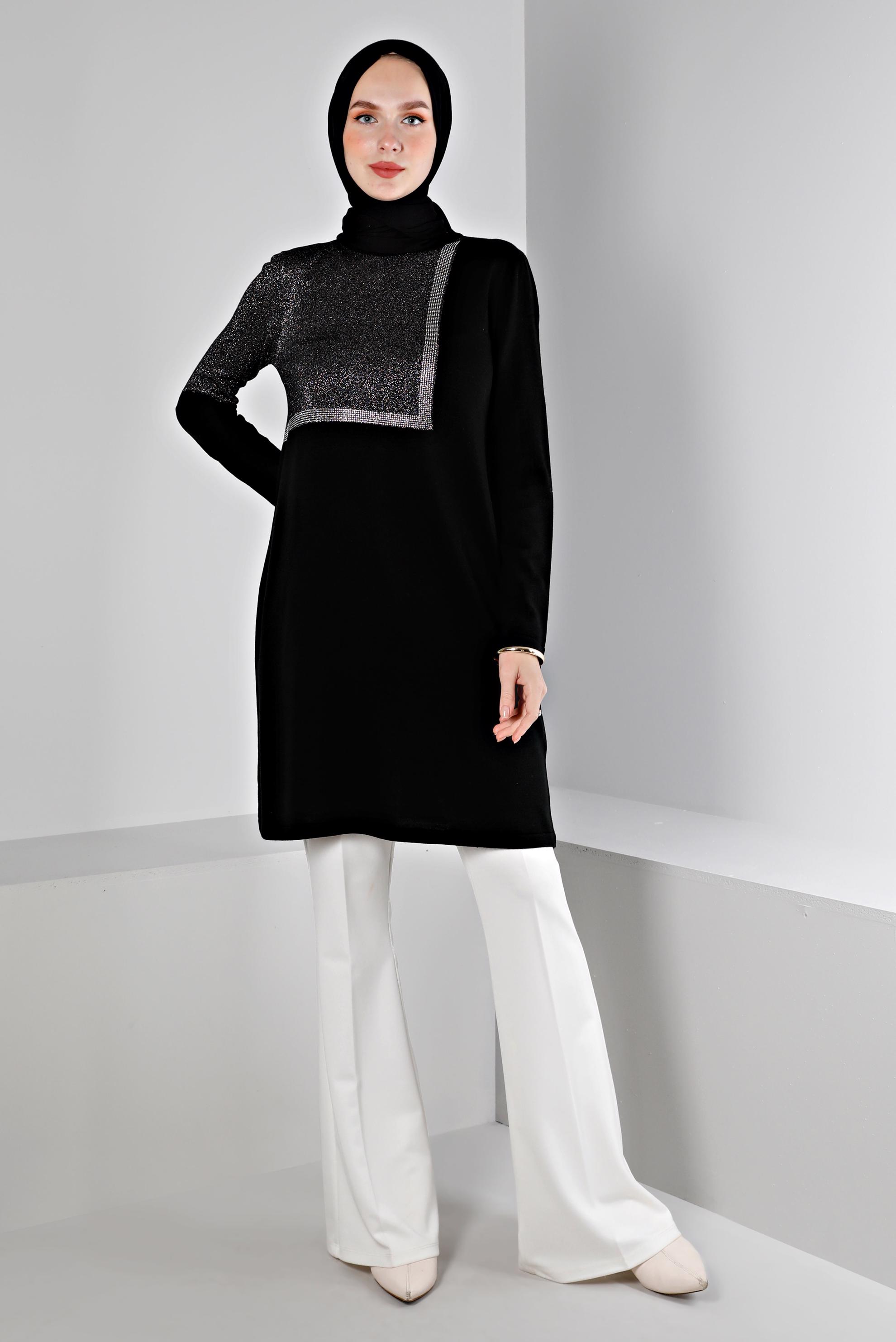 Tesettür giyim SİYAH SİMLİ TRİKO TUNİK 43247 