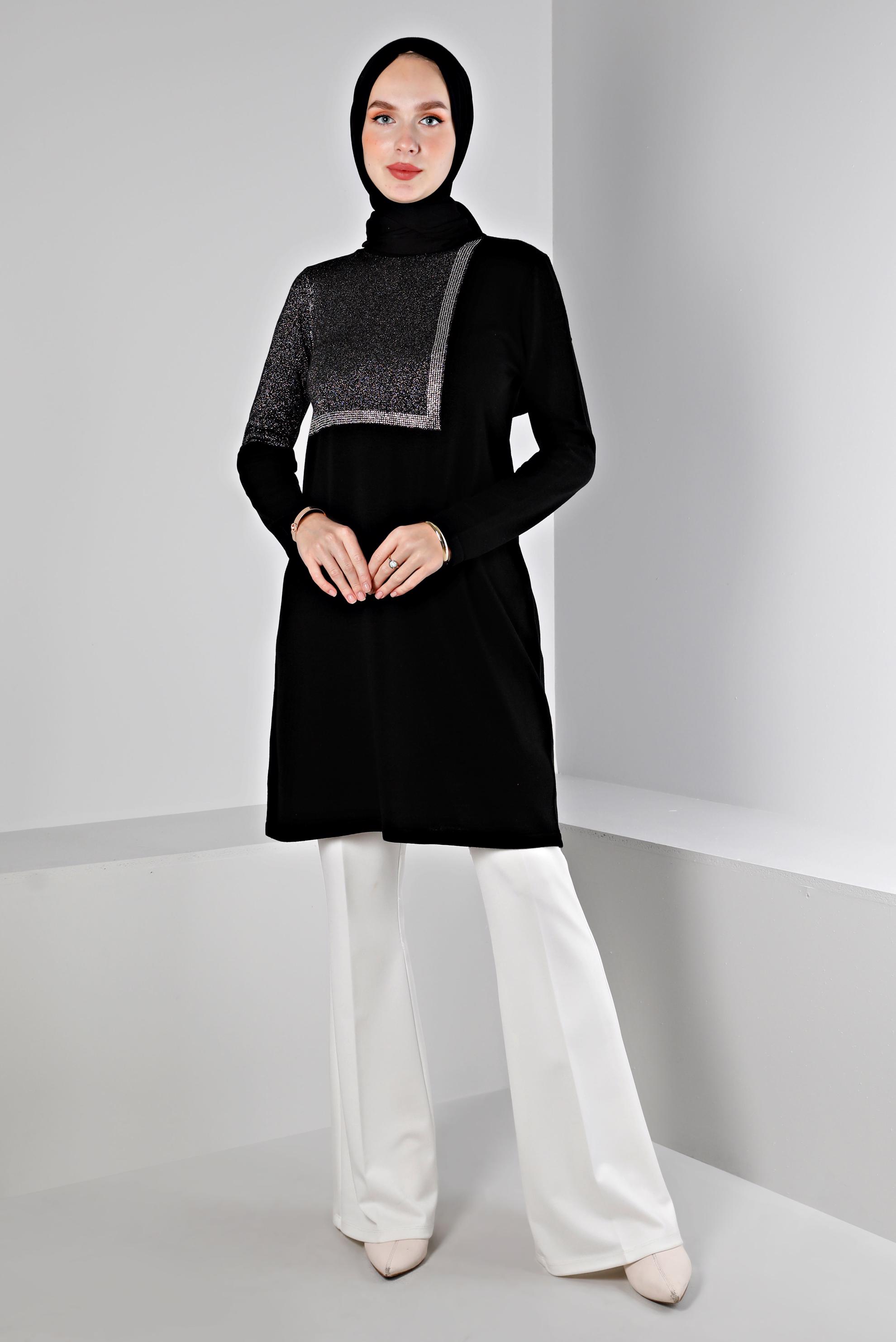 Tesettür giyim SİYAH SİMLİ TRİKO TUNİK 43247 