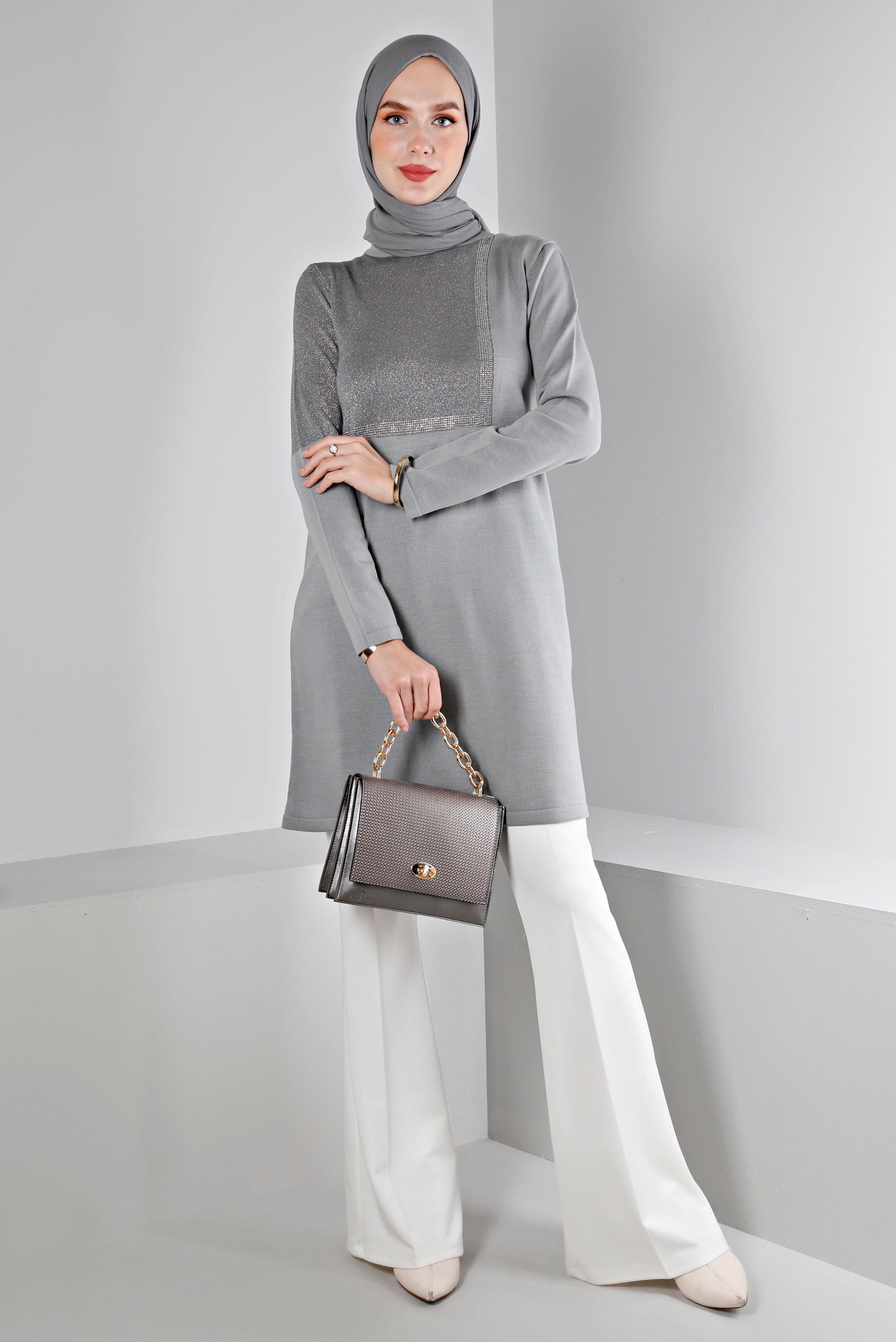 Tesettür giyim GRİ SİMLİ TRİKO TUNİK 43247 