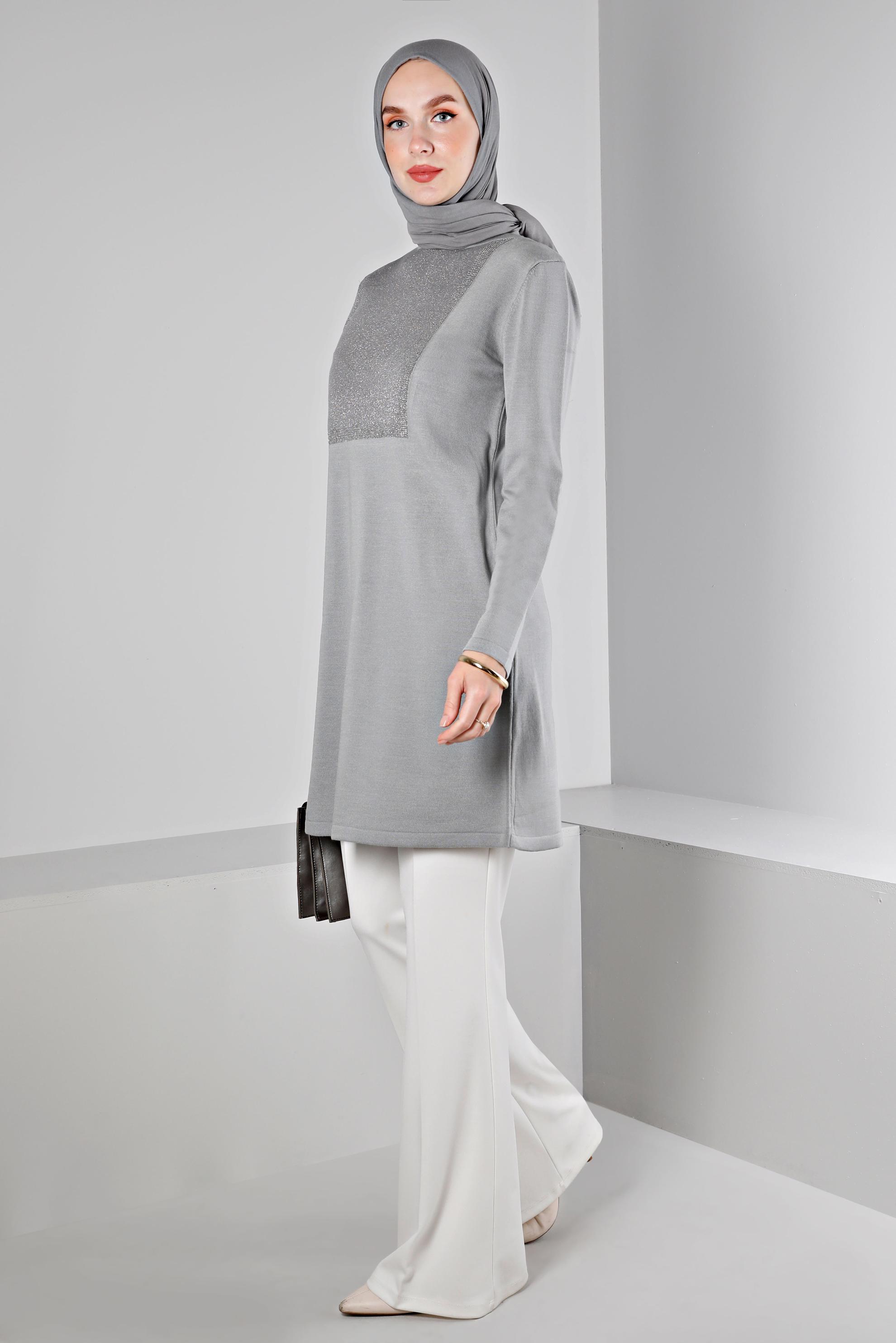 Tesettür giyim GRİ SİMLİ TRİKO TUNİK 43247 