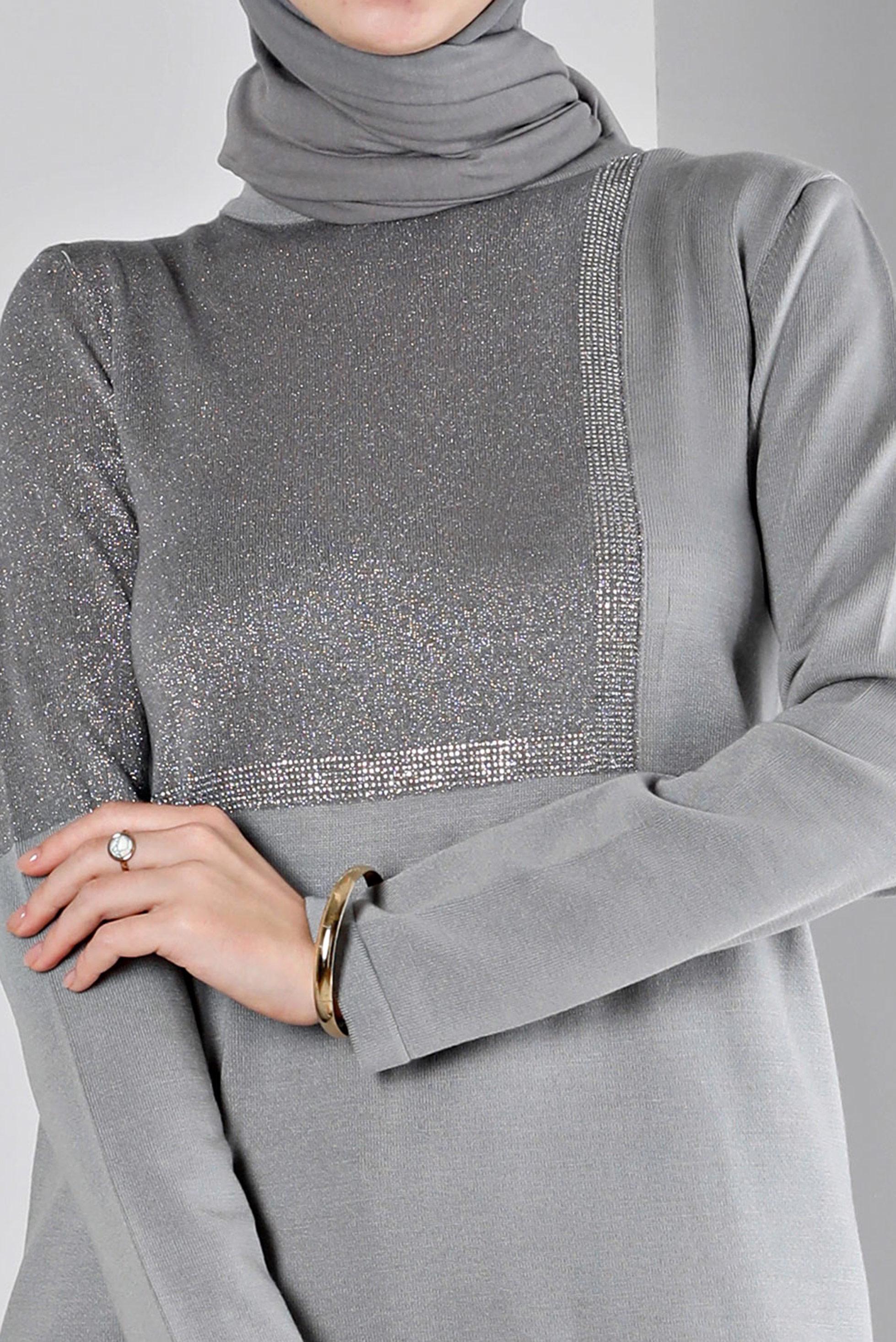 Tesettür giyim GRİ SİMLİ TRİKO TUNİK 43247 