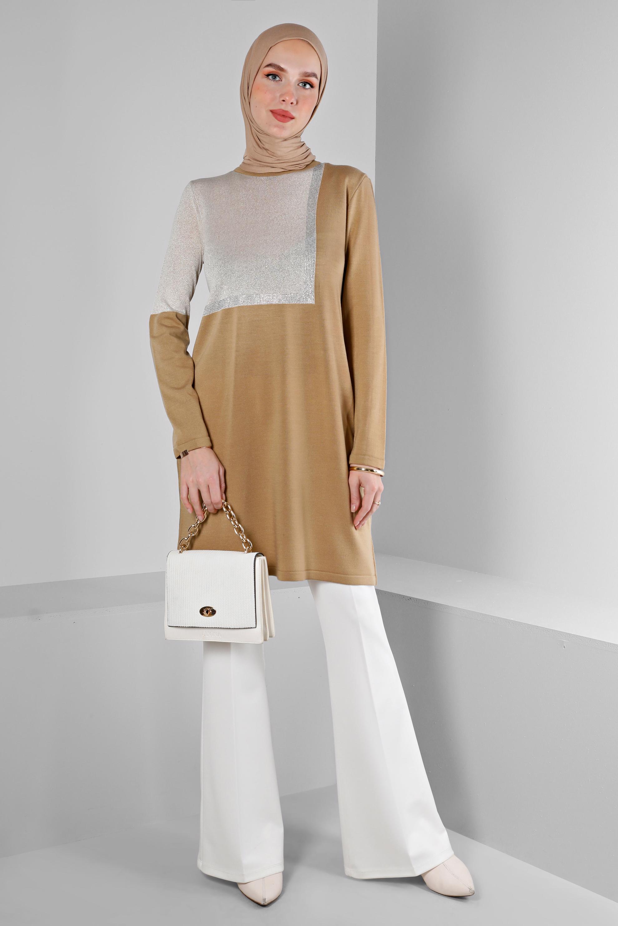 Tesettür giyim KAHVE SİMLİ TRİKO TUNİK 43247 