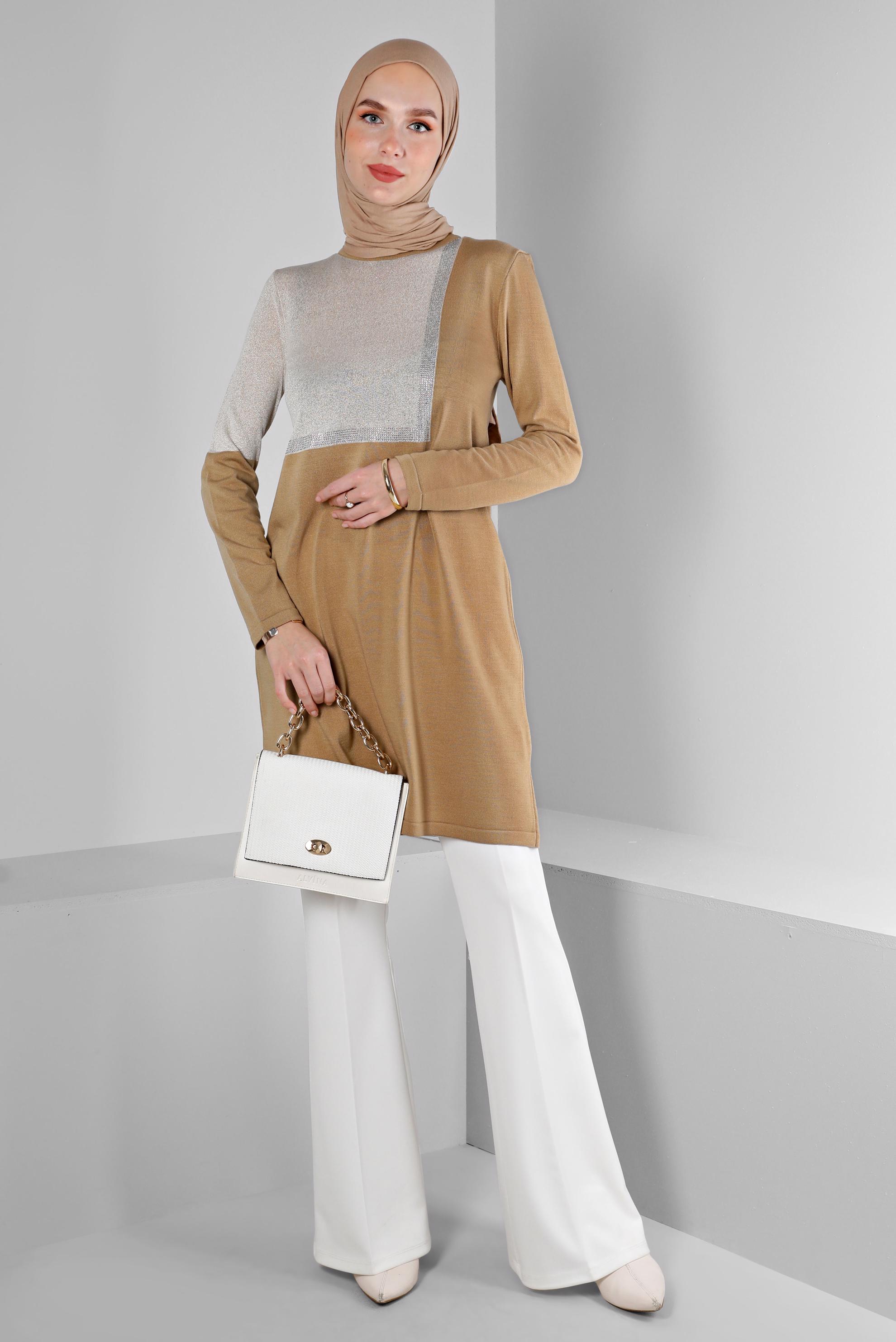 Tesettür giyim KAHVE SİMLİ TRİKO TUNİK 43247 