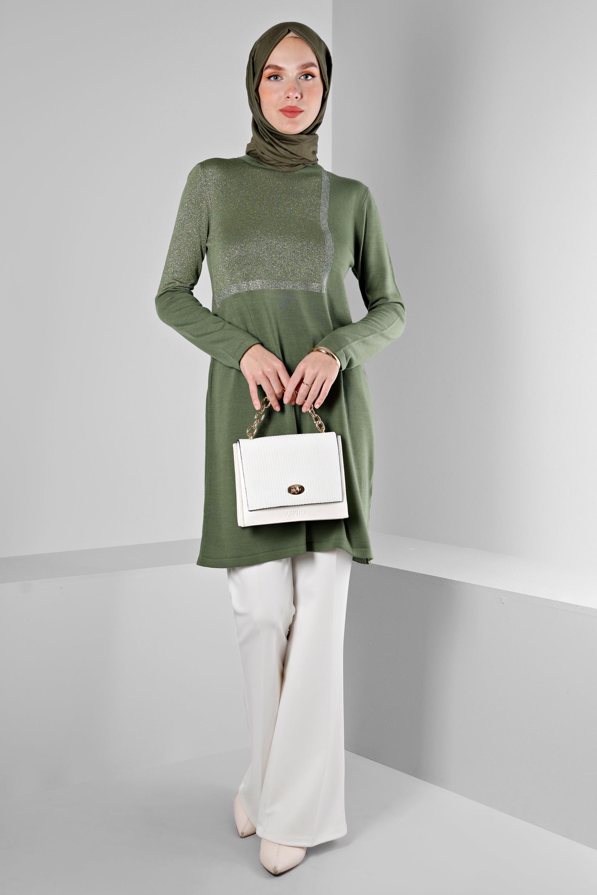 Tesettür giyim HAKİ SİMLİ TRİKO TUNİK 43247 