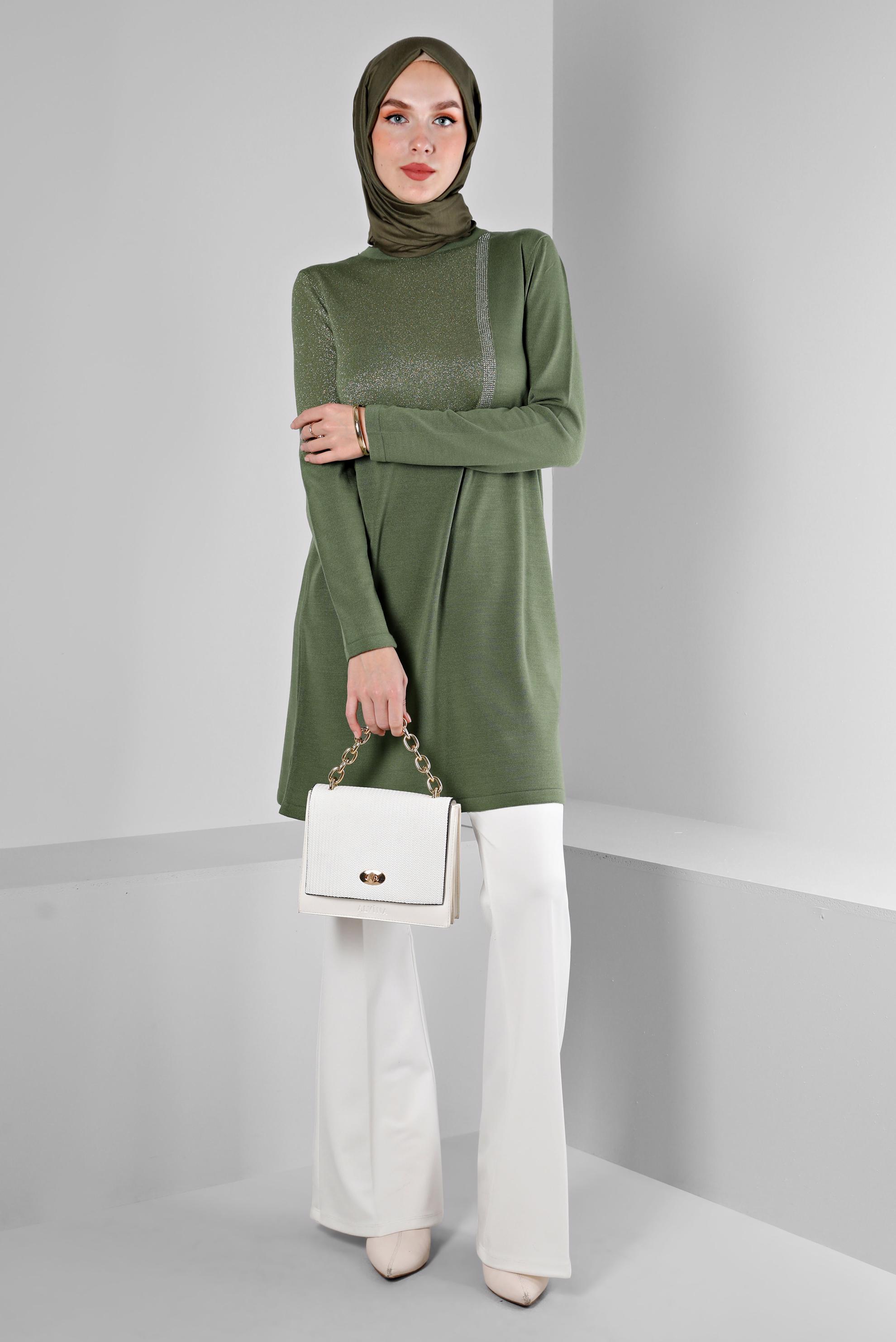 Tesettür giyim HAKİ SİMLİ TRİKO TUNİK 43247 