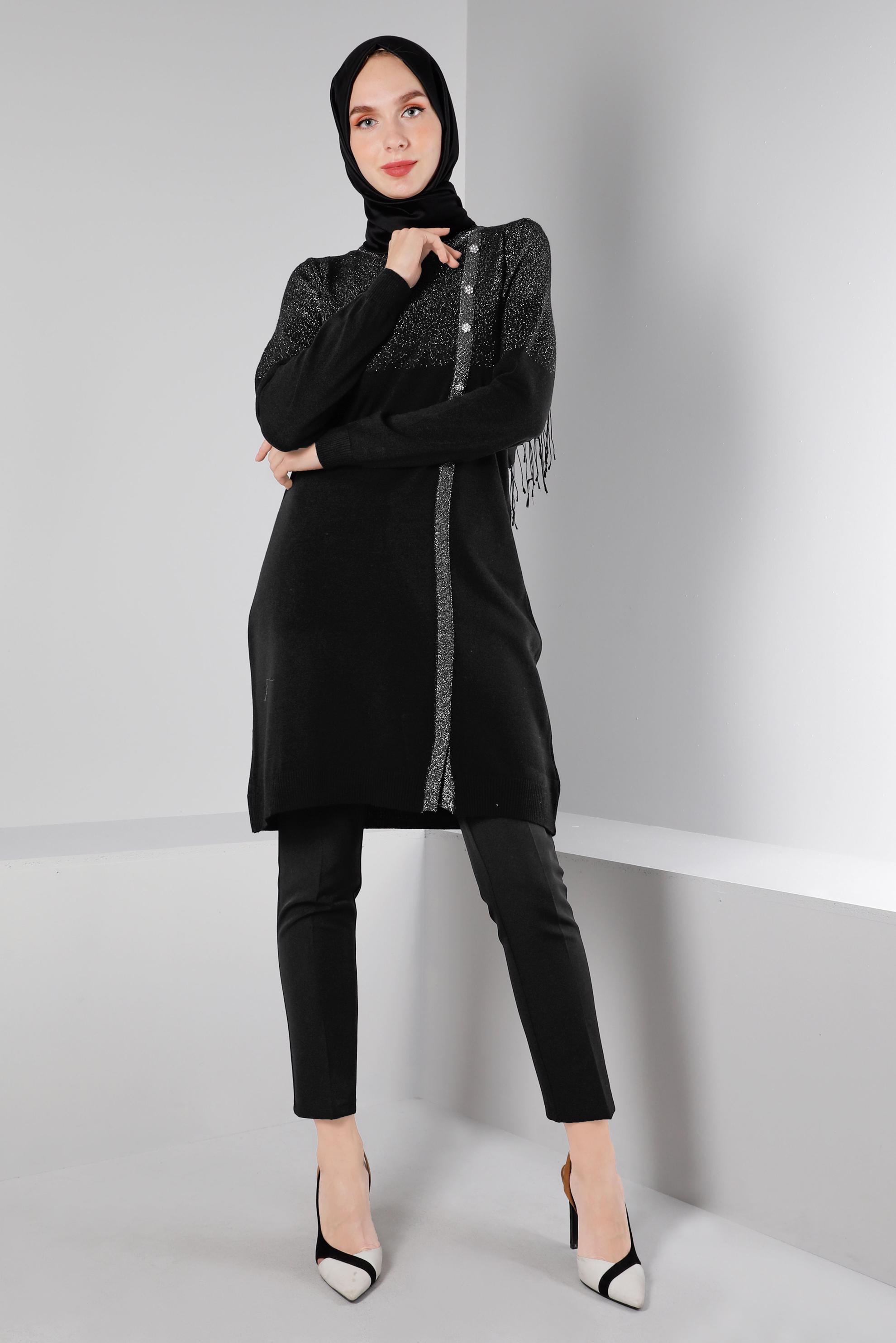 Tesettür giyim SİYAH TAŞLI SİMLİ TRİKO TUNİK 43248 