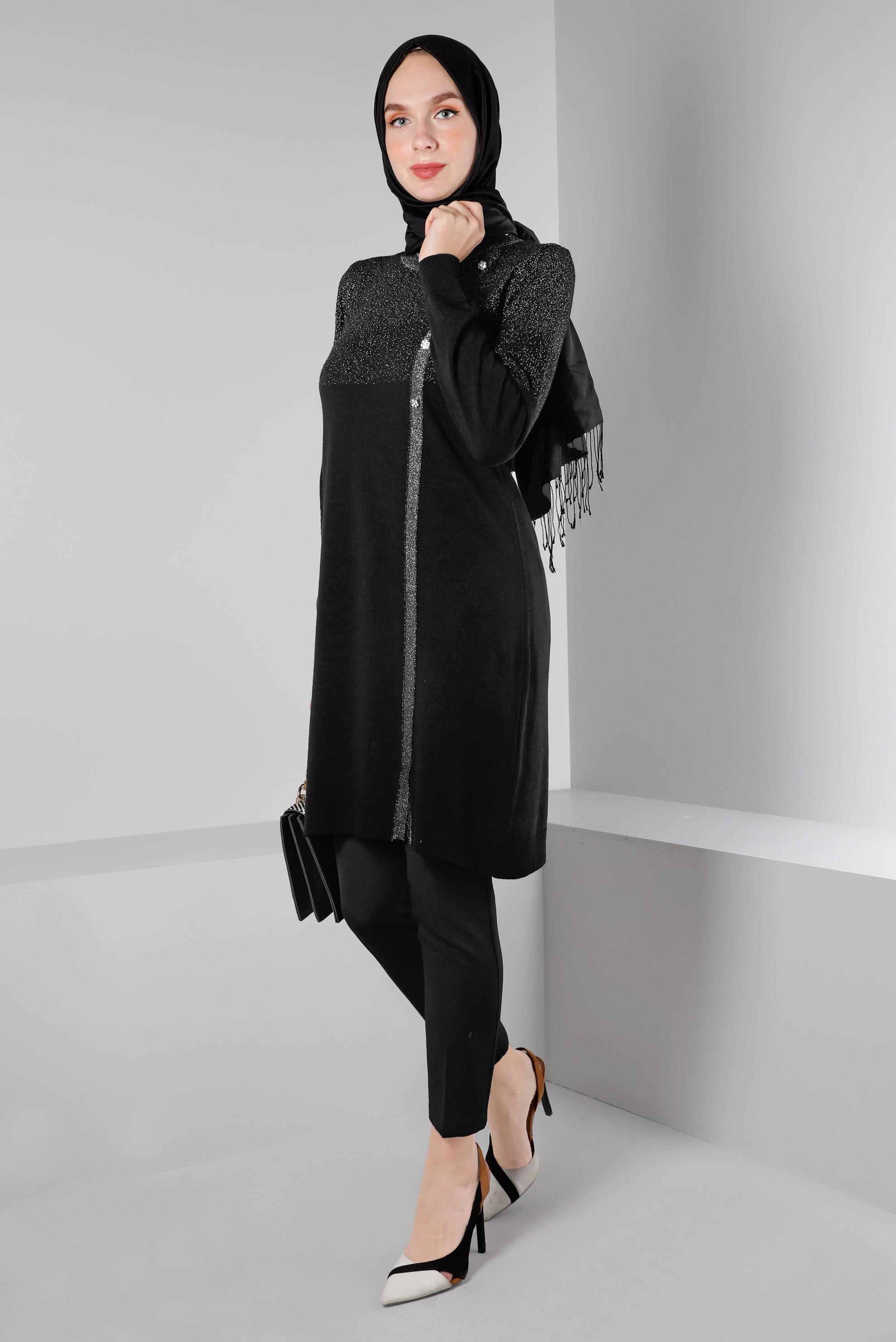 Tesettür giyim SİYAH TAŞLI SİMLİ TRİKO TUNİK 43248 