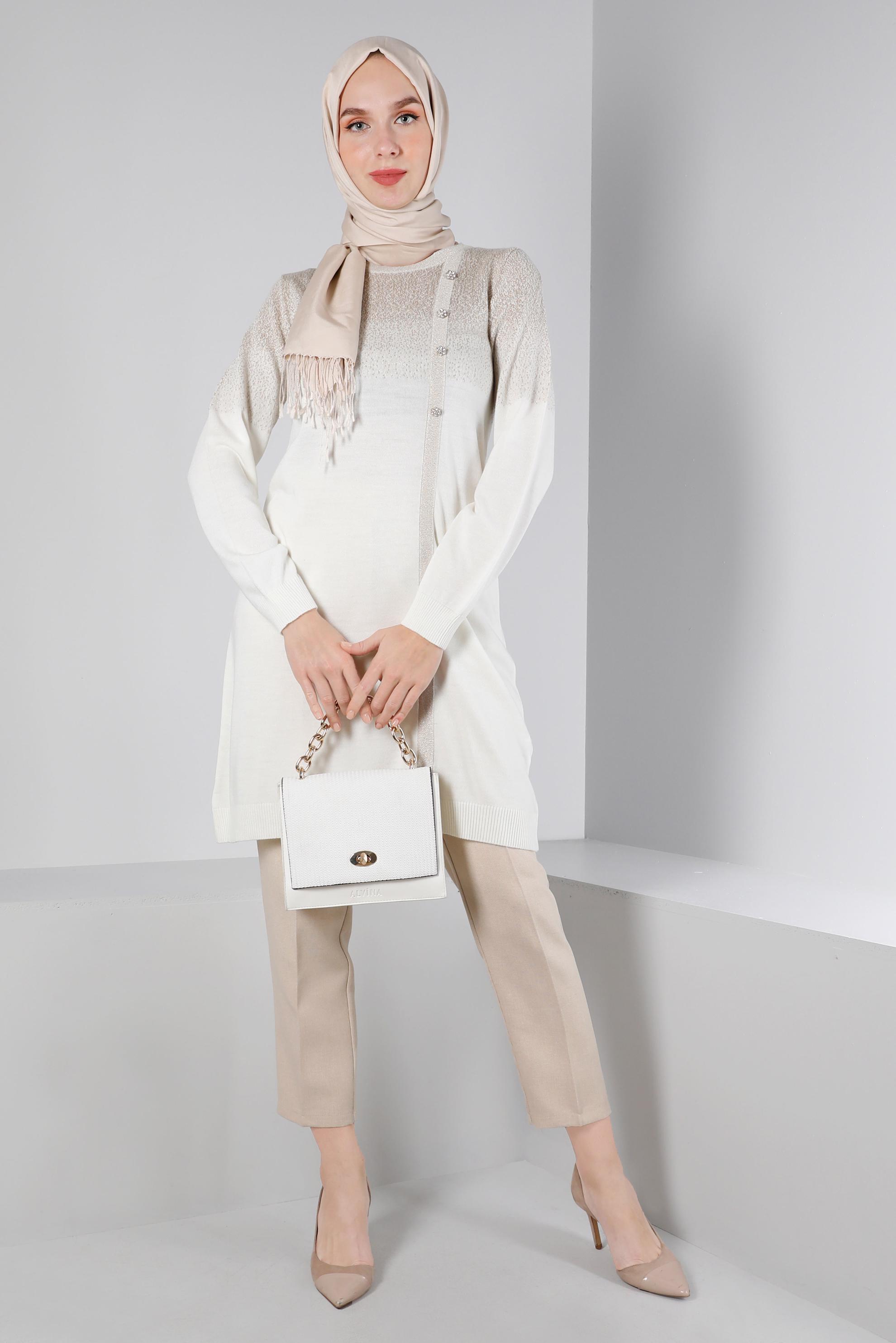 Tesettür giyim BEYAZ TAŞLI SİMLİ TRİKO TUNİK 43248 