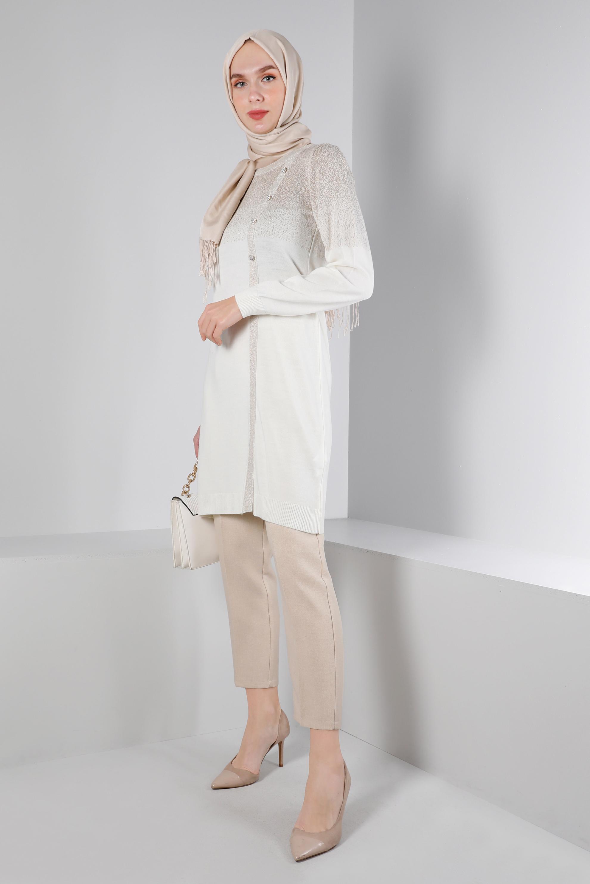 Tesettür giyim BEYAZ TAŞLI SİMLİ TRİKO TUNİK 43248 