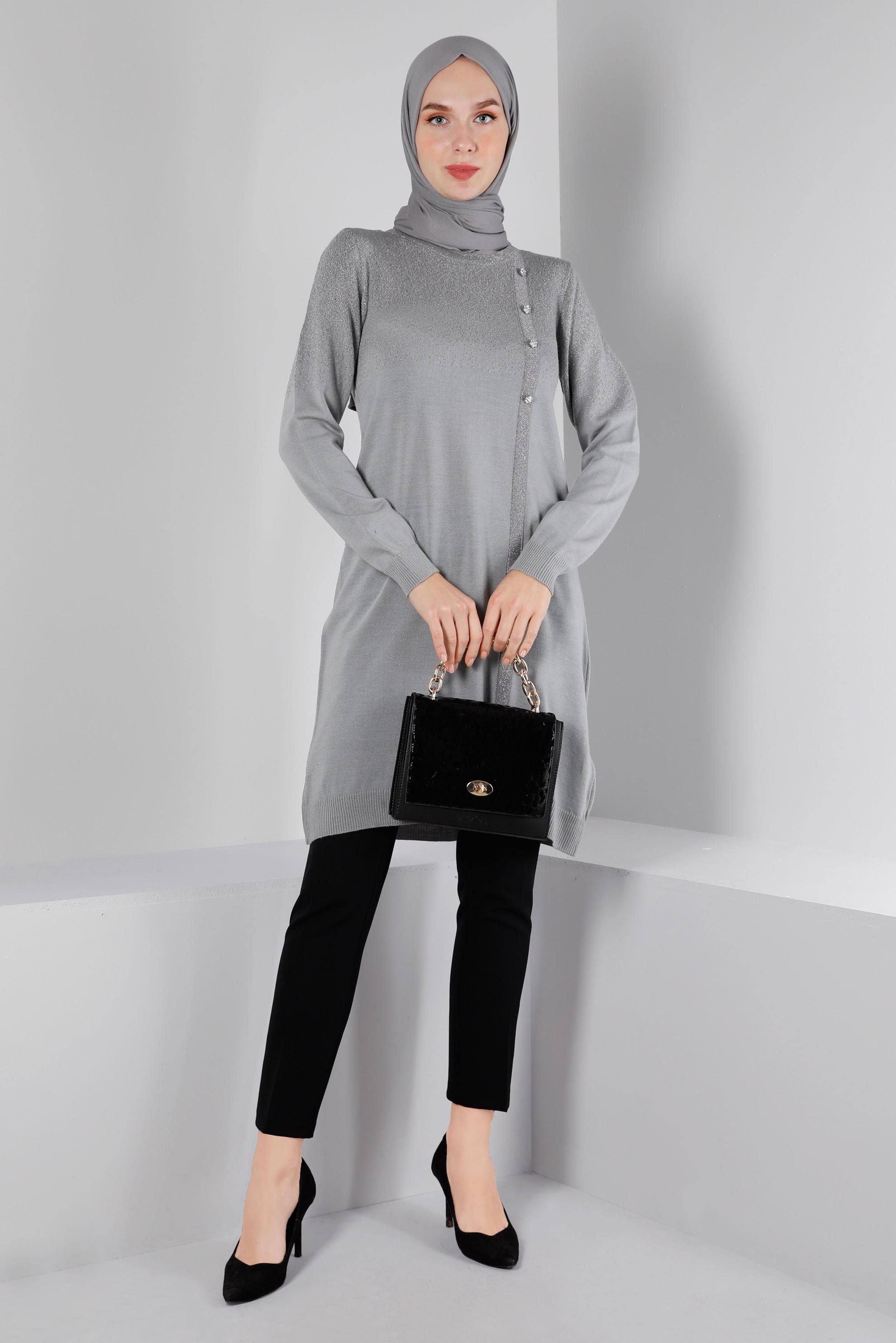 Tesettür giyim GRİ TAŞLI SİMLİ TRİKO TUNİK 43248 