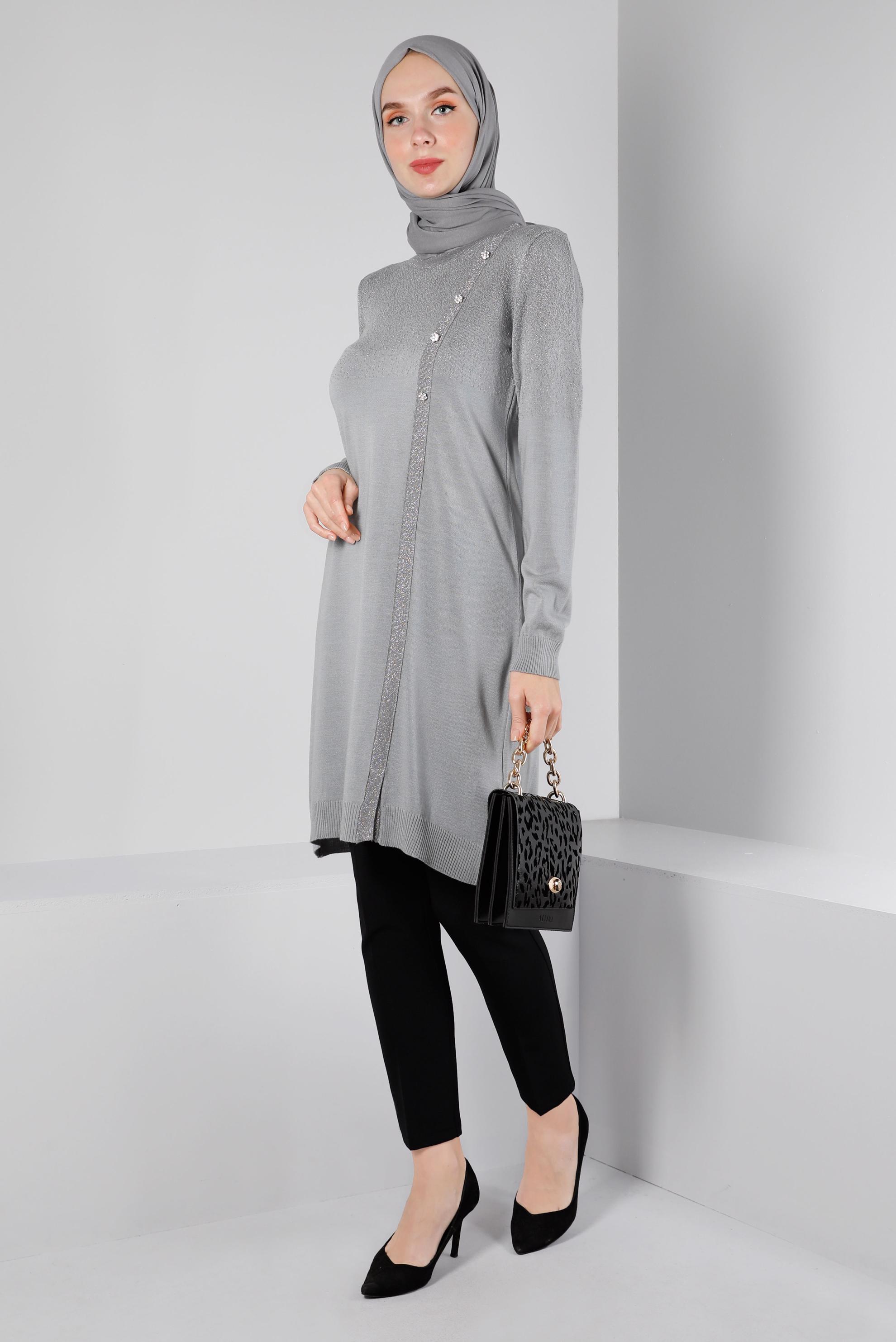 Tesettür giyim GRİ TAŞLI SİMLİ TRİKO TUNİK 43248 