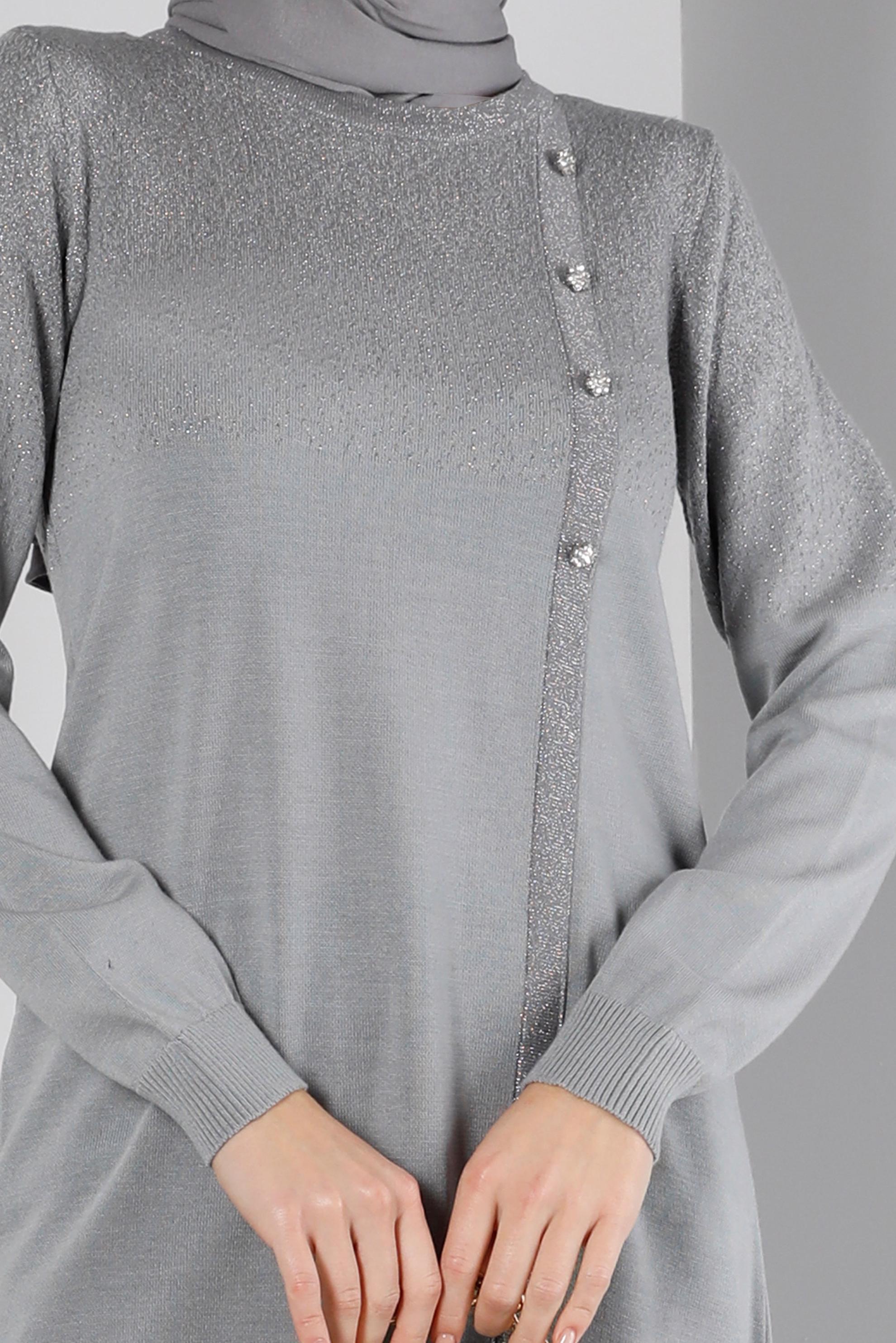 Tesettür giyim GRİ TAŞLI SİMLİ TRİKO TUNİK 43248 