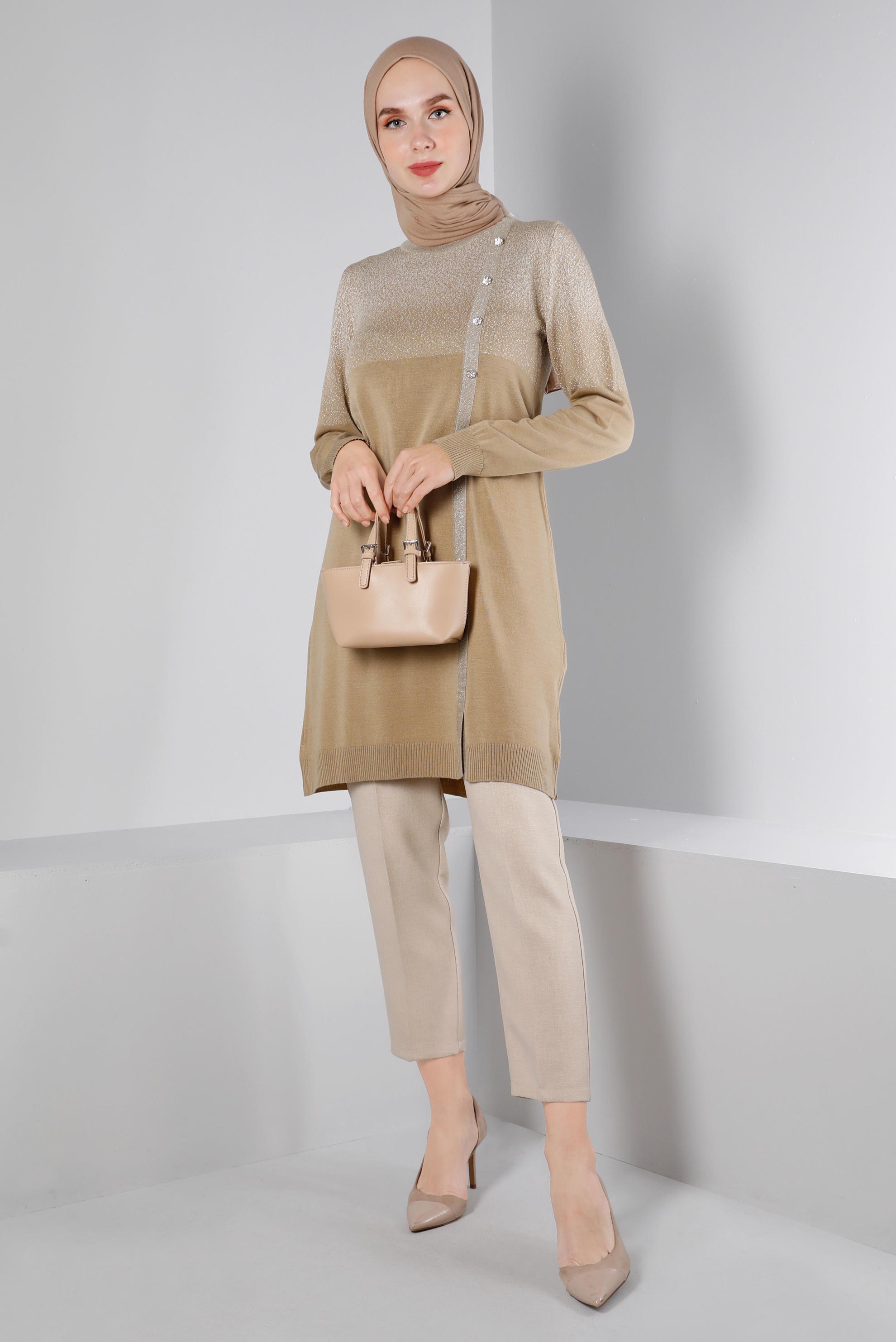 Tesettür giyim KAHVE TAŞLI SİMLİ TRİKO TUNİK 43248 