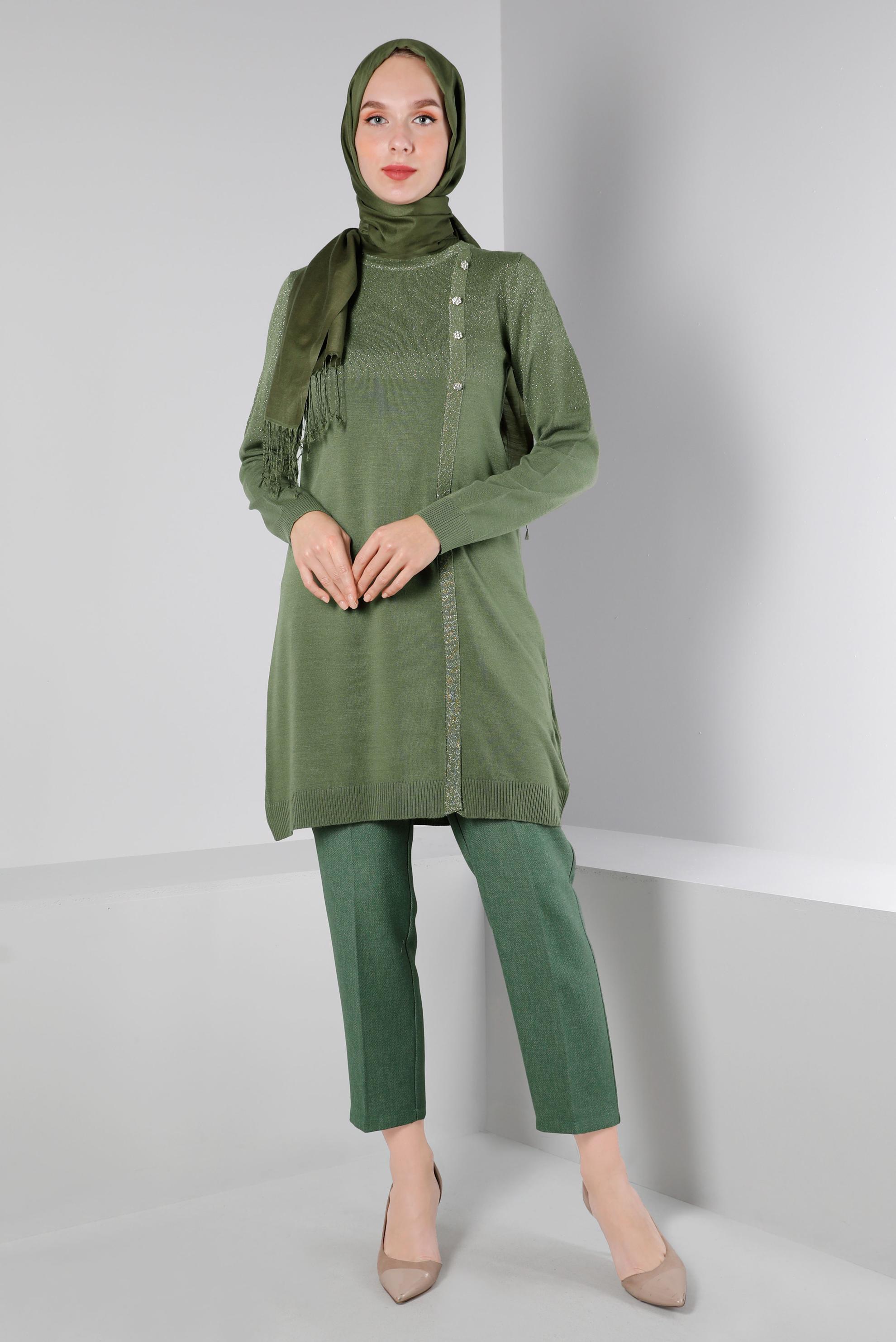 Tesettür giyim HAKİ TAŞLI SİMLİ TRİKO TUNİK 43248 