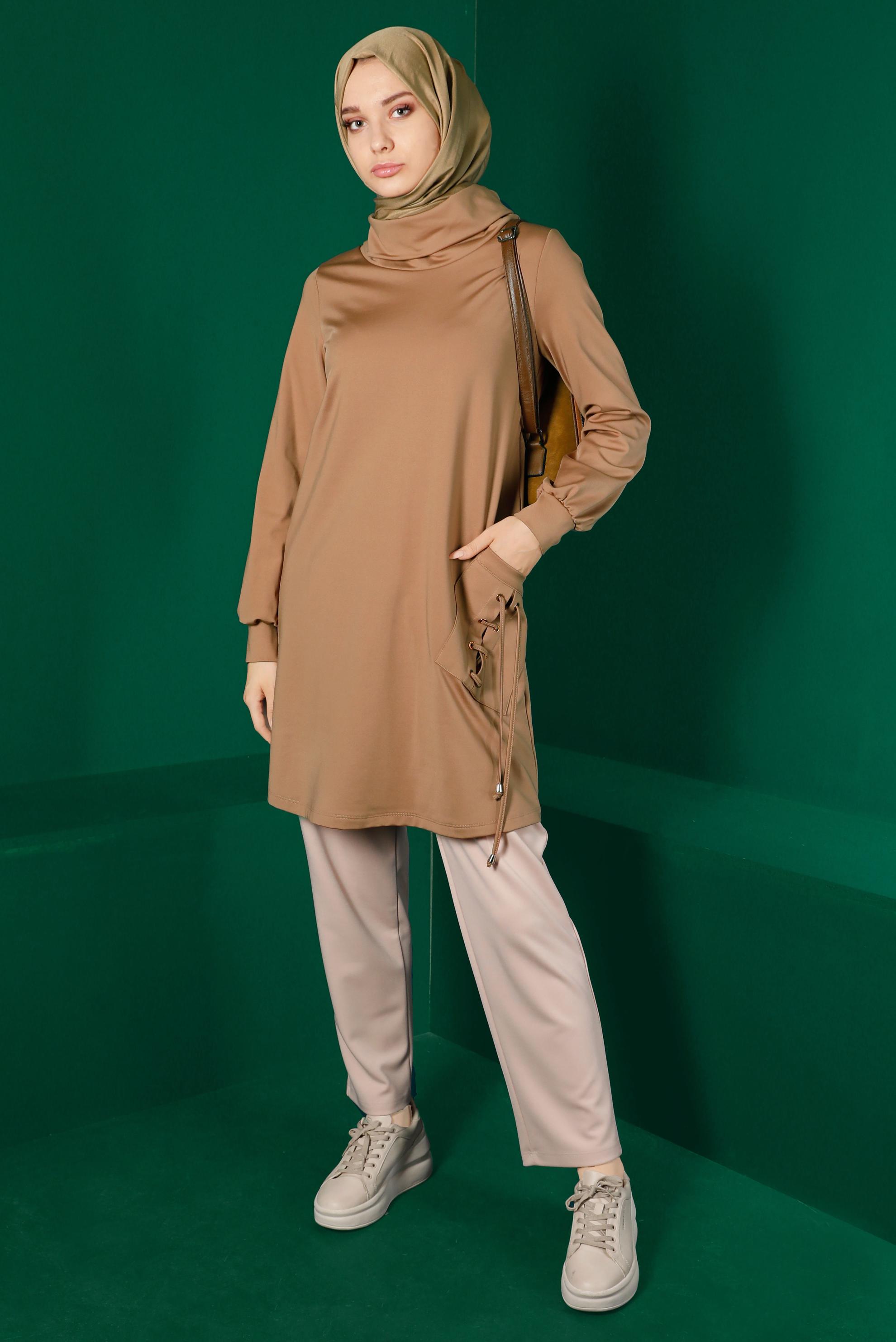 Tesettür giyim KAHVE KUŞGÖZÜ DETAYLI TUNİK 43256