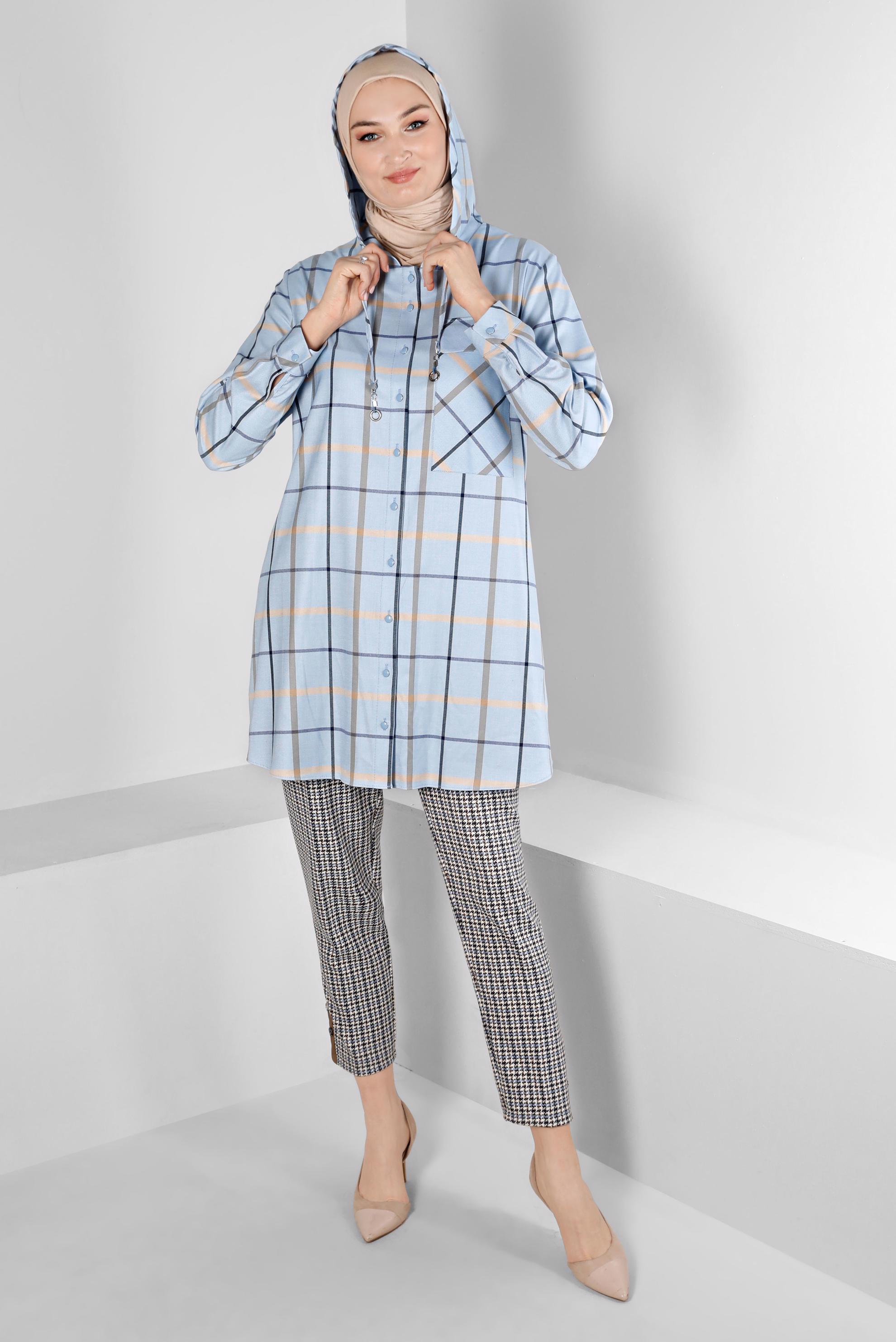 Tesettür giyim MAVİ EKOSE KAPÜŞONLU TUNİK 43257 