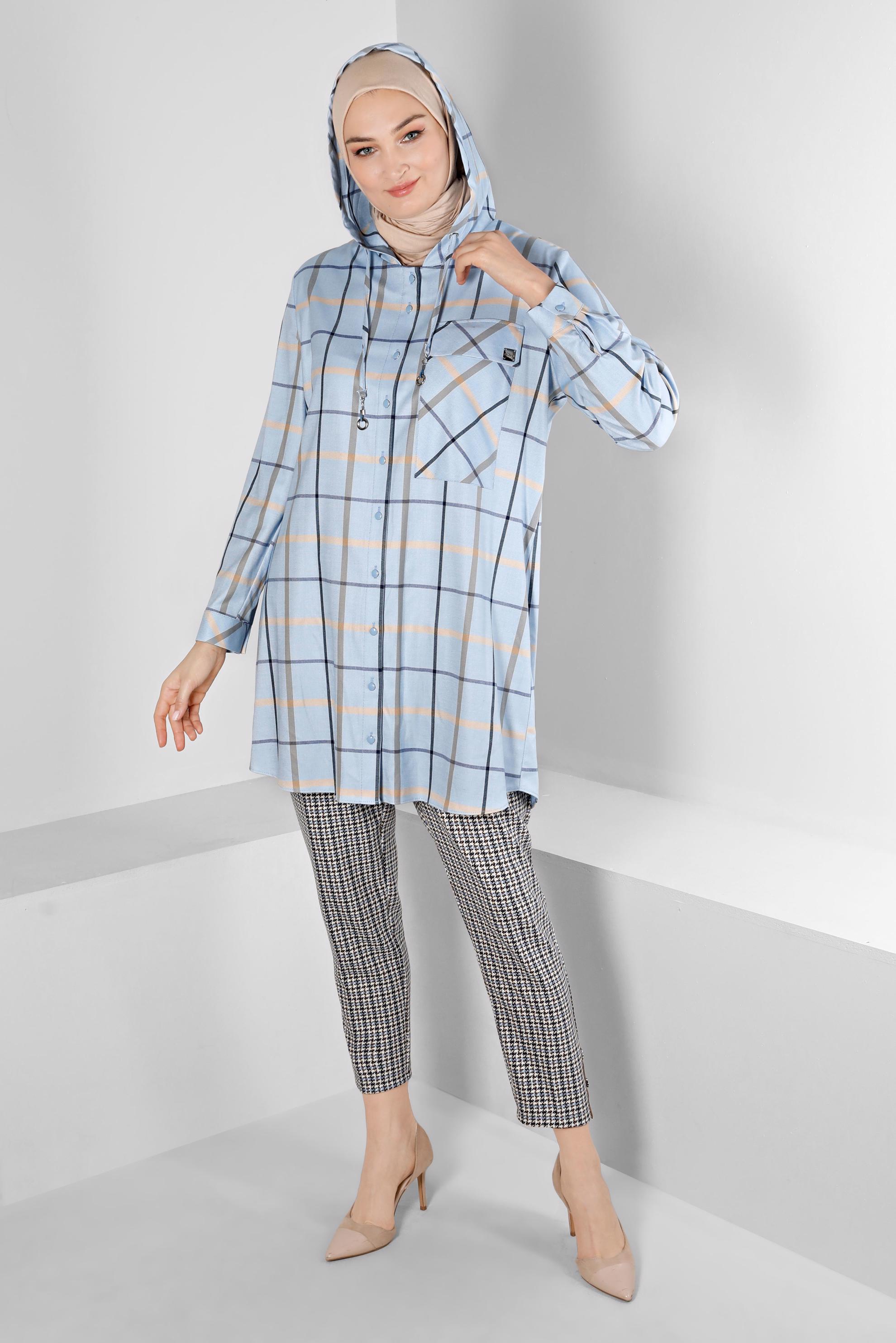 Tesettür giyim MAVİ EKOSE KAPÜŞONLU TUNİK 43257 