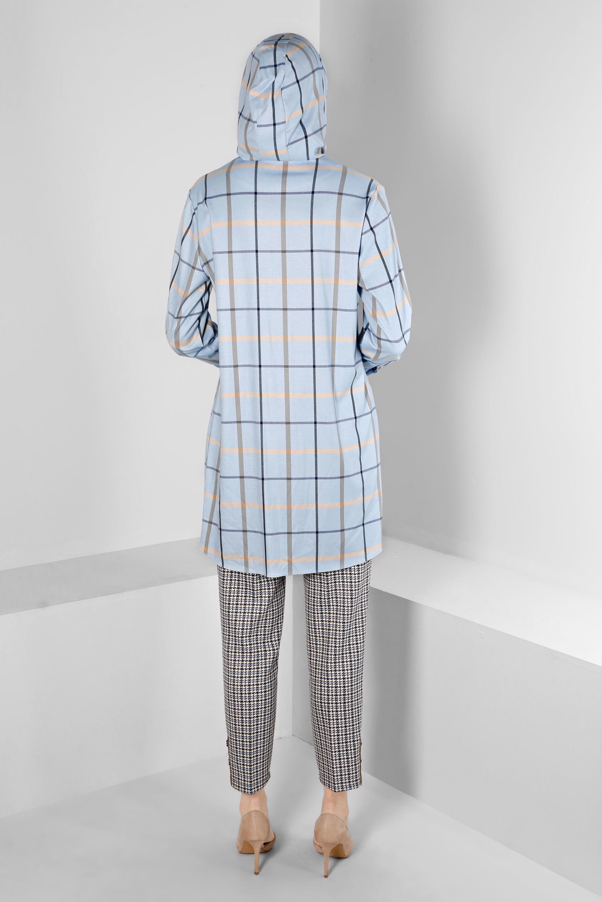 Tesettür giyim MAVİ EKOSE KAPÜŞONLU TUNİK 43257 