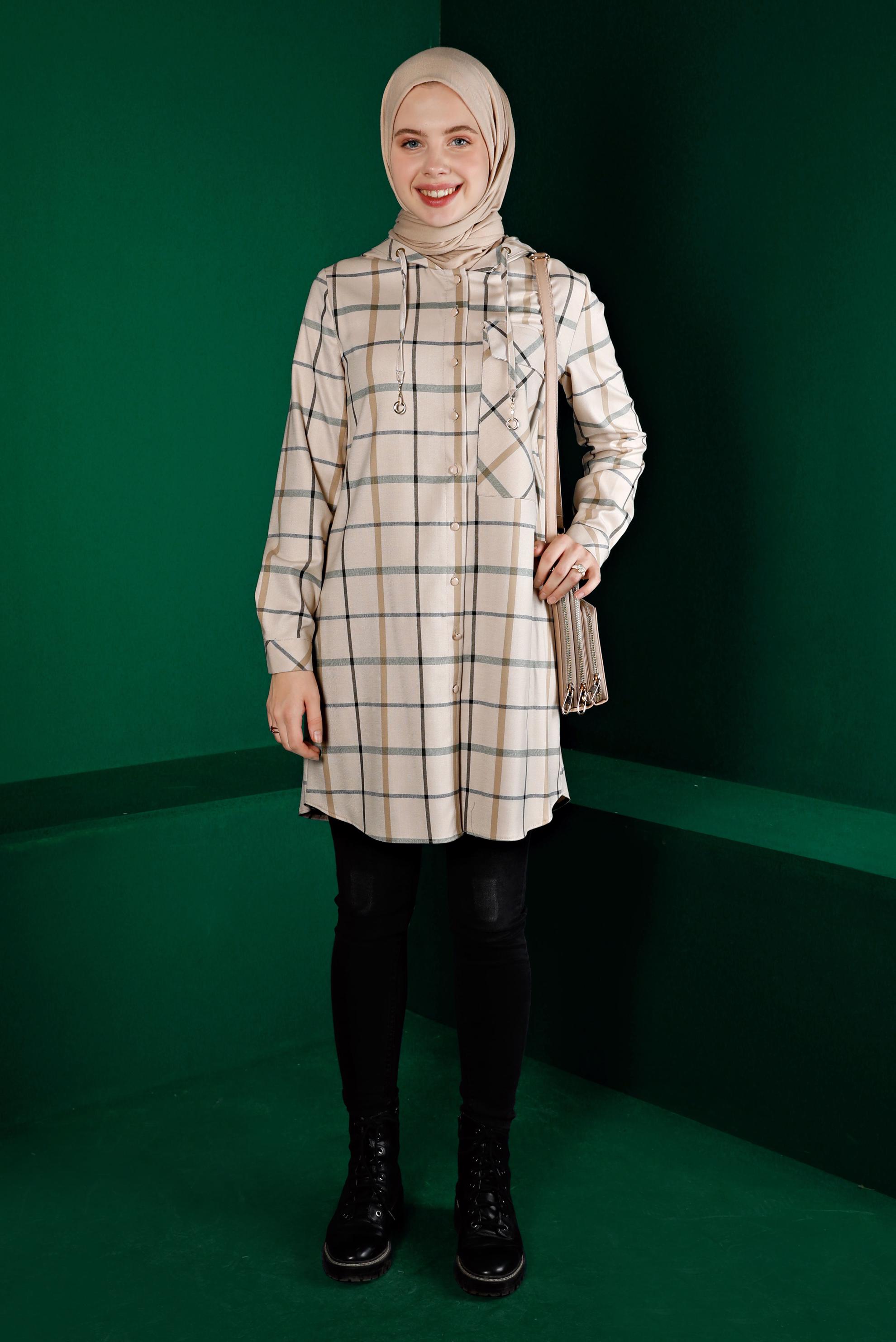 Tesettür giyim KAHVE EKOSE KAPÜŞONLU TUNİK 43257 