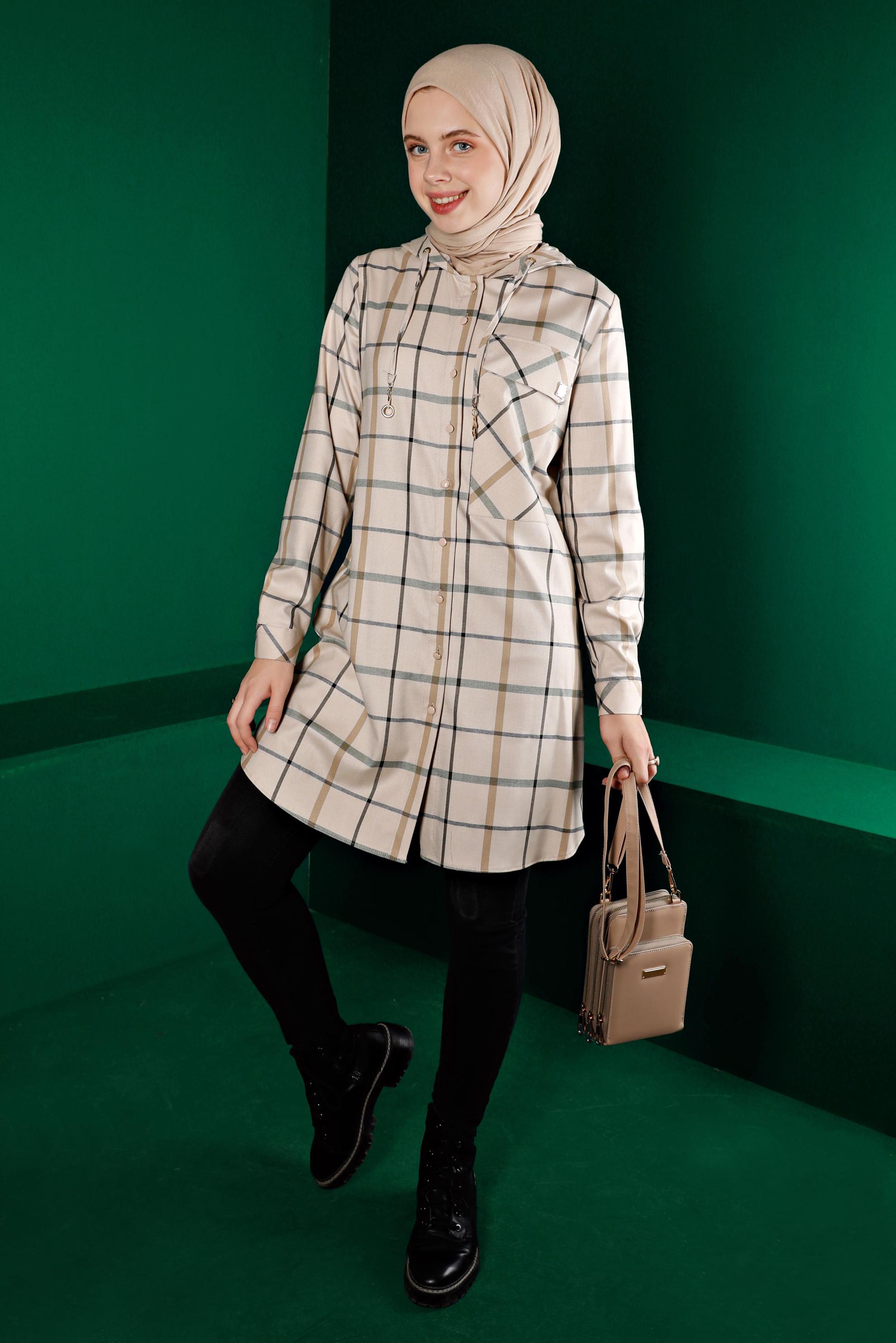 Tesettür giyim KAHVE EKOSE KAPÜŞONLU TUNİK 43257 