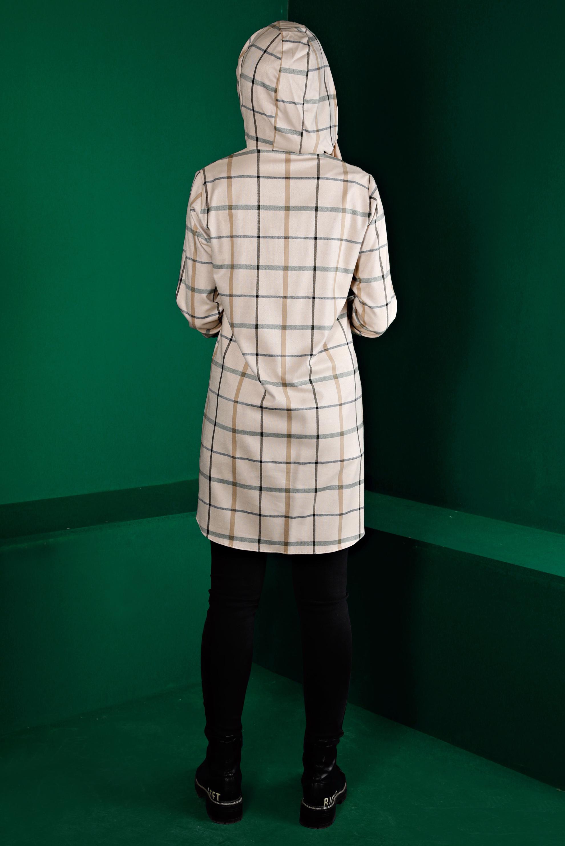 Tesettür giyim KAHVE EKOSE KAPÜŞONLU TUNİK 43257 