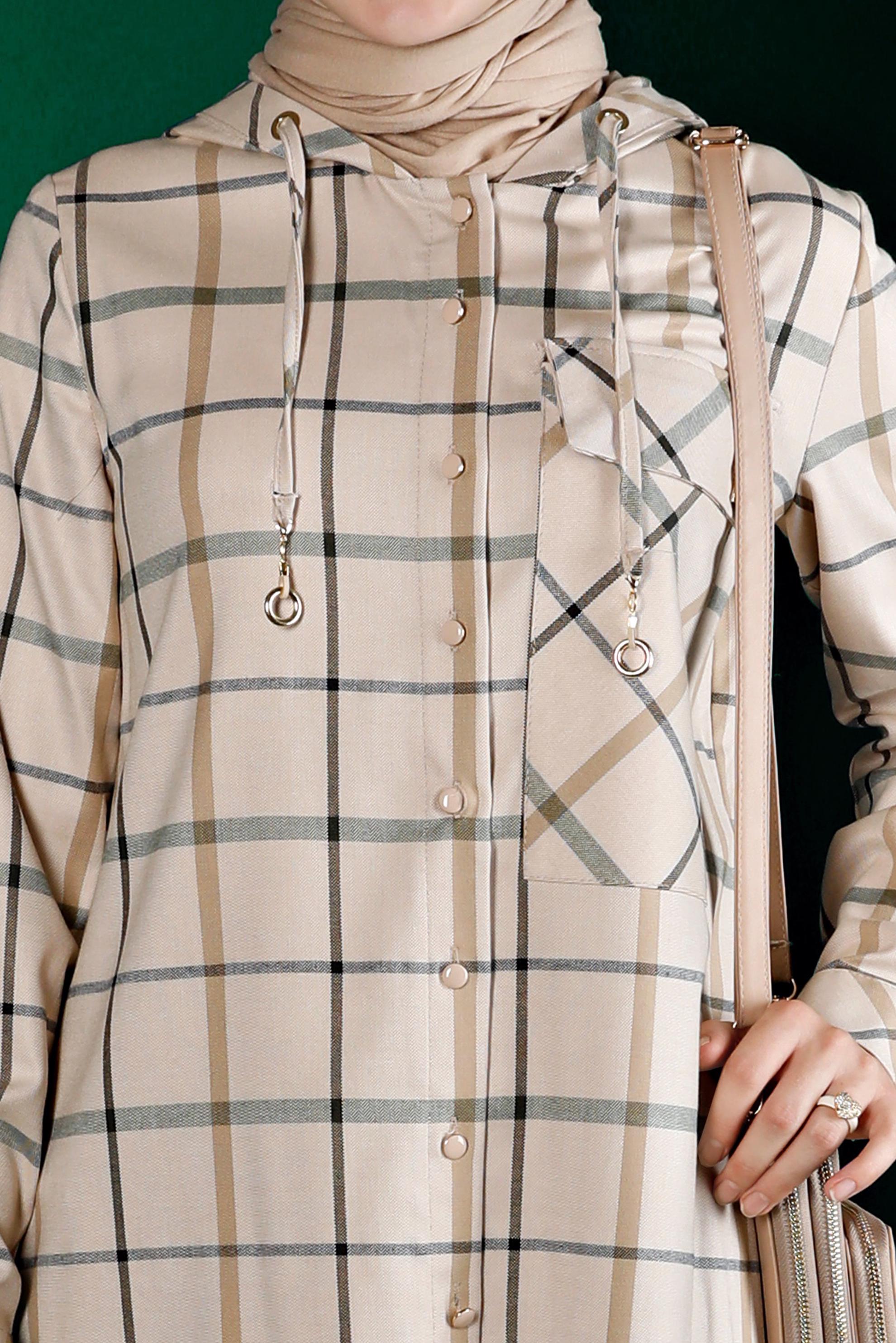 Tesettür giyim KAHVE EKOSE KAPÜŞONLU TUNİK 43257 