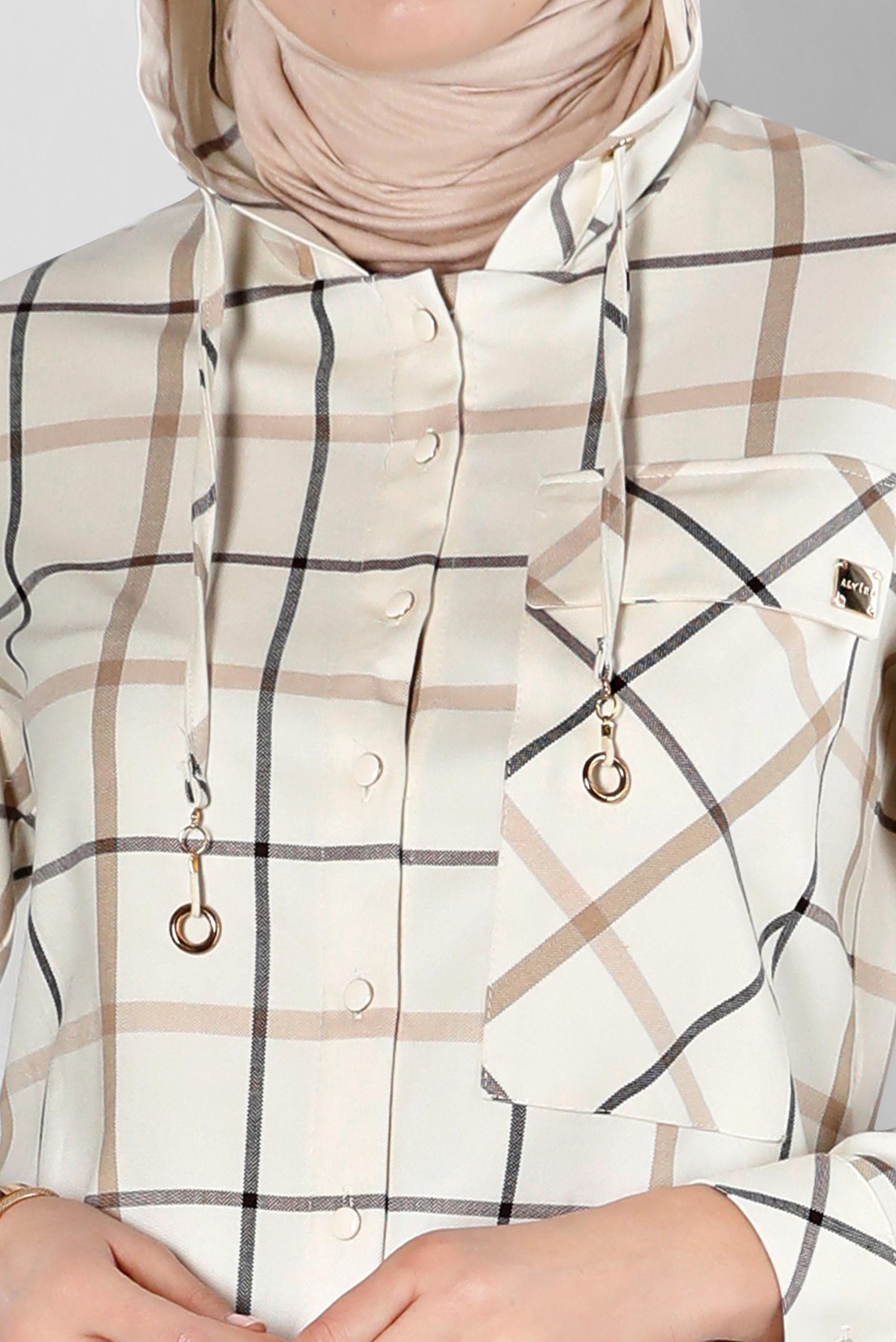 Tesettür giyim EKRU EKOSE KAPÜŞONLU TUNİK 43257 